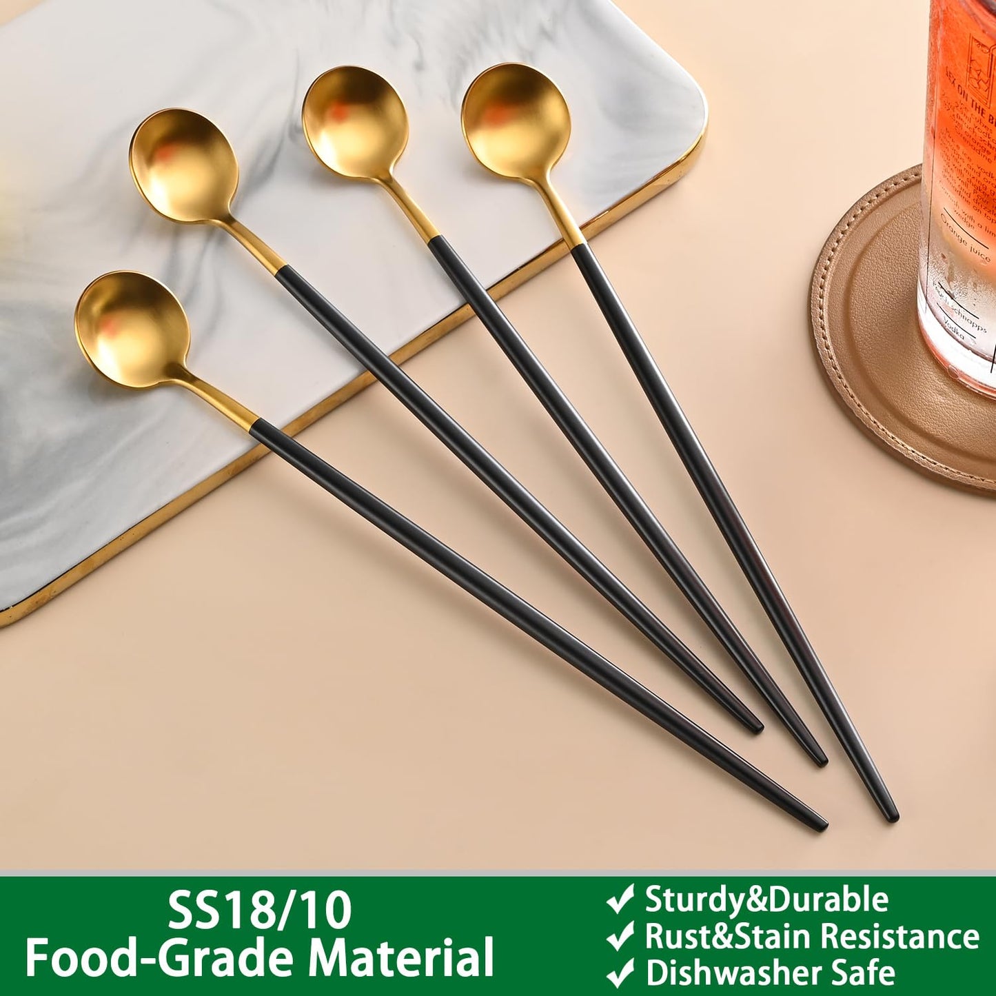 DEHOV 4 PCs 9 Inches Brush Gold Stainless Steel 304 Iced Tea Spoons With Black Handle,Long Handle Coffee Stirring Spoon,SS18/10 Long Latte Spoons Set