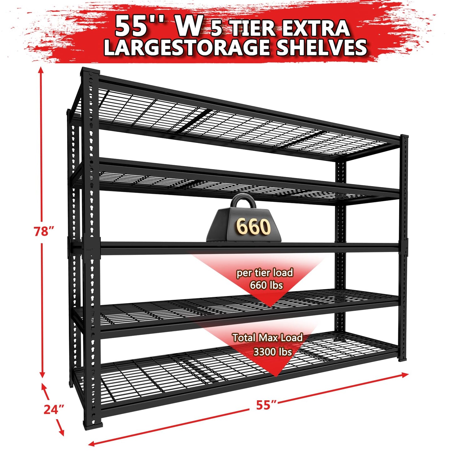 Storage Shelves, Garage Shelving Heavy Duty 3300 LBS Capacity, 55"L x 24"W x 78"H Adjustable Metal Shelving Organizer Wire Rack, 5 Tier Utility Shelf Unit for Pantry Closet Warehouse Organization