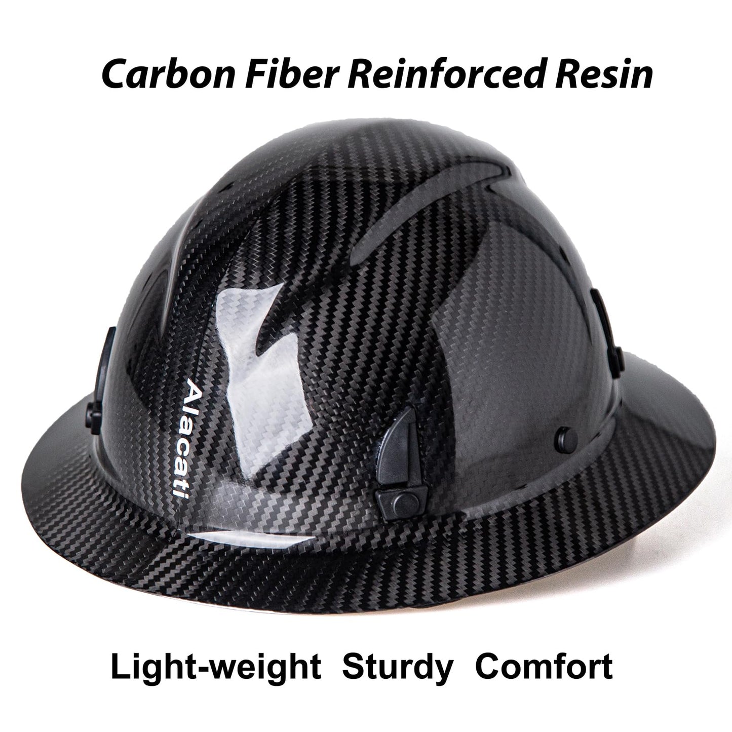 Alacati, Carbon Fiber Hard Hat Full Brim with Goggles- Safety Helmet with 6-Point Adjustable Ratchet Suspension- ANSI Z89.1 Compliant (Black)