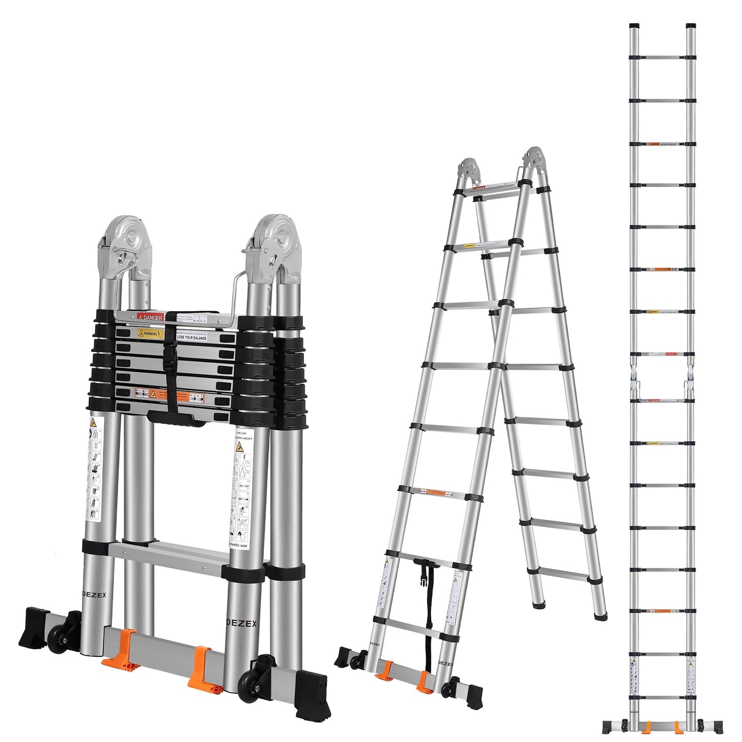 DEZEX Telescoping Ladders 16.5FT A Frame Ladder, Adjustable Folding Extension Ladder, with Anti-Slip Balance Bar & Wheel, Multi-Purpose Collapsible Ladder for Home, Outdoor Work, 330 lbs Capacity