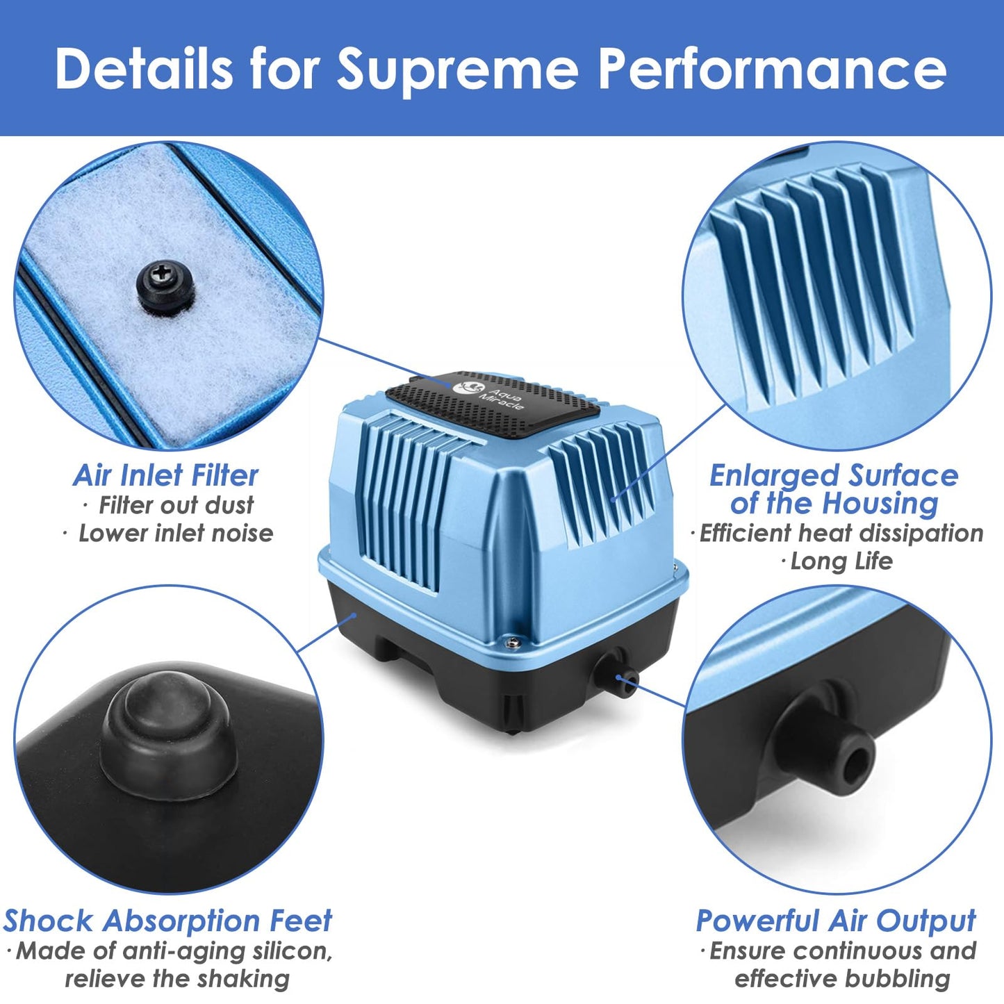 AquaMiracle Super Powerful Linear Air Pump AP-60 Pond Aerator, 950GPH Koi Pond Air Pump Septic Aerator, for Hydroponic, Waste Treatment, Fish Farm, Seafood Restaurant