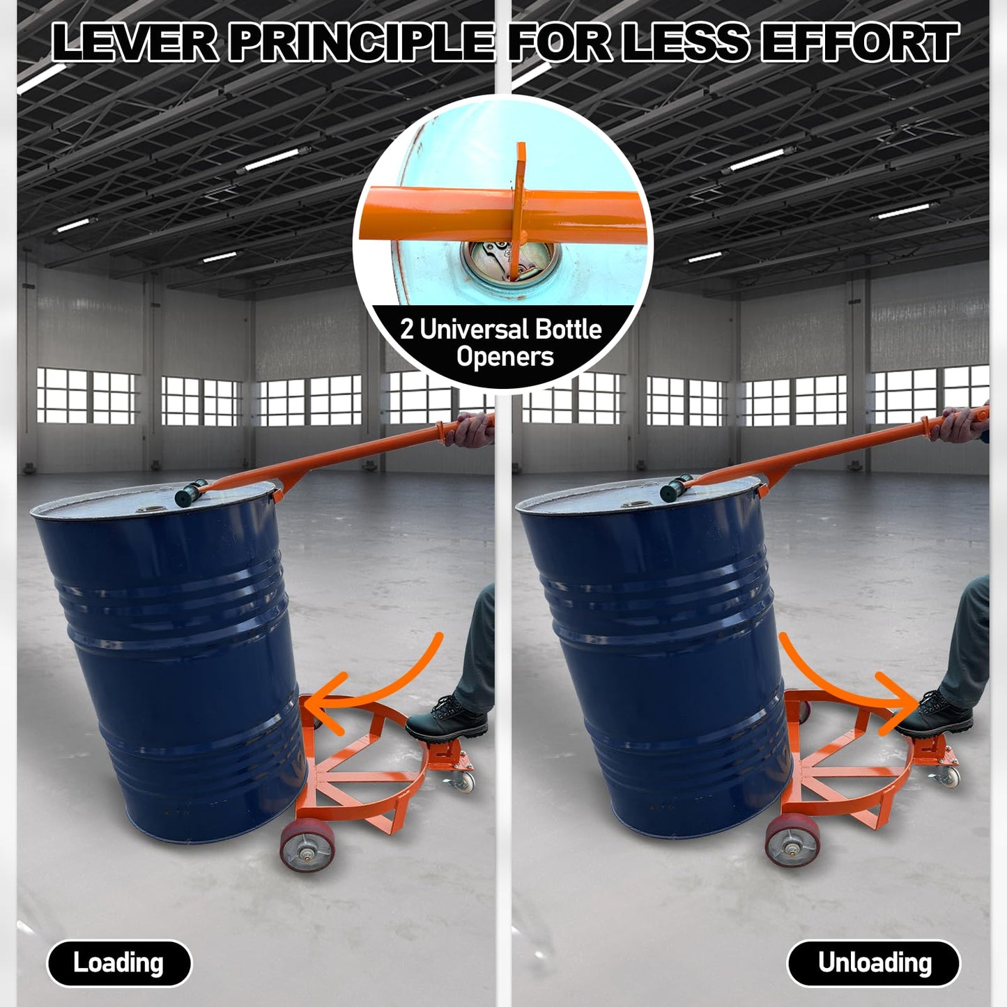 55 Gallon Drum Dolly Heavy Duty, 1200 lbs Capacity Barrel Cart with Adjustable Handle & Locking Caster, Low Profile Steel Drum Truck for Industrial, Warehouse, Workshop Use-Orange