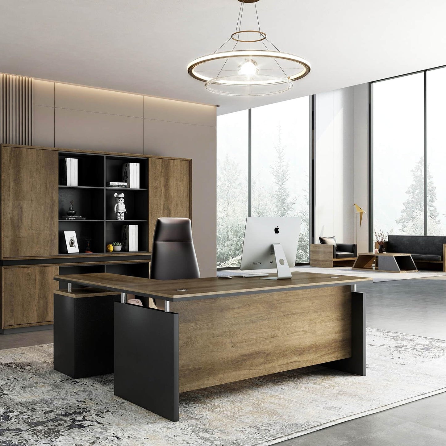 63 Inch L-Shaped Executive Desk Set of 2, Industrial Modern Wood Office Desk with 3 Drawers, Built-in Cable Management & Power Outlet, Real Wood Finish, Reversible Left/Right Return Home Workstation