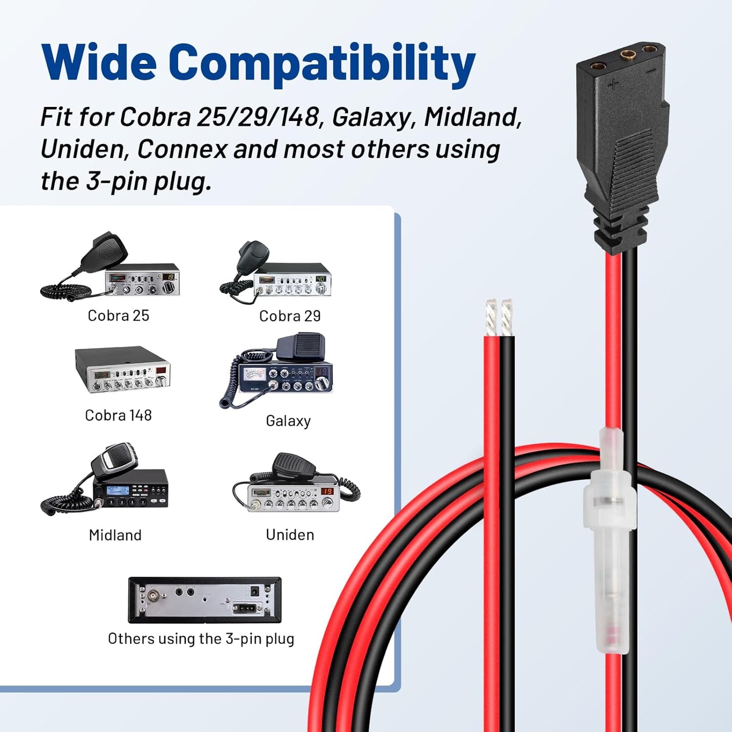 3 16AWG with15A Anina CB Radio Power Cable Pin Heavy Duty Fuse Compatible with Cobra, Galaxy, Midland Direct to Car
