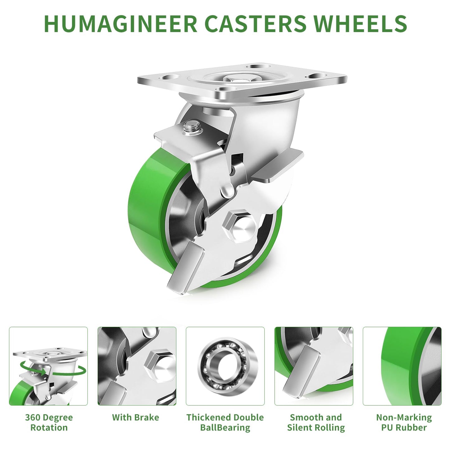 Humagineer 4 Inch Heavy Duty Industrial Grade Caster Set of 4, Industrial Swivel Casters with Brake, Maintenance-Free Aluminum Core PU Wheels 3600 LBS, Durable Casters Wheels for Industrial, Equipment