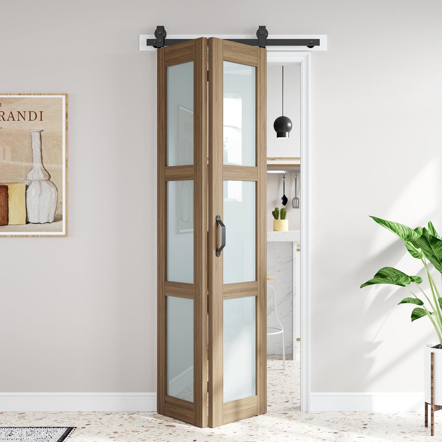 FREDBECK Bifold Barn Door 36X84(Double 18x84),3 Panels Glass with Hardware Kit Included, Modren,Water-Proof PVC Surface for Bathroom,Assembly Required