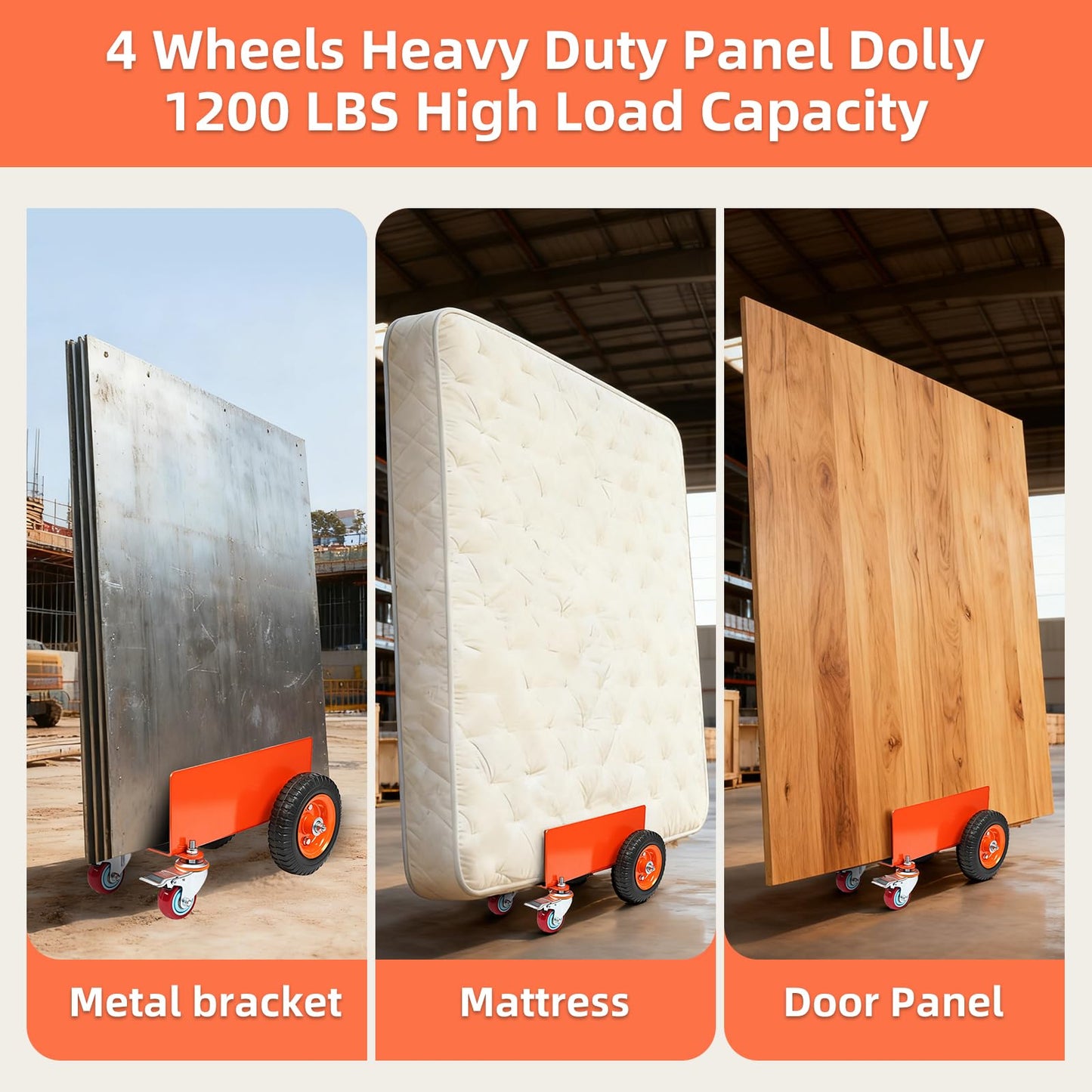 Heavy Duty Panel Dolly with Brake, 1200LBS Capacity 4 Wheel Slab Dolly Drywall Mover with 8 Inch Pneumatic Wheels Panel Cart, Sturdy Steel Construction for Drywall, Plywood, Sheet Goods Transport ASIN