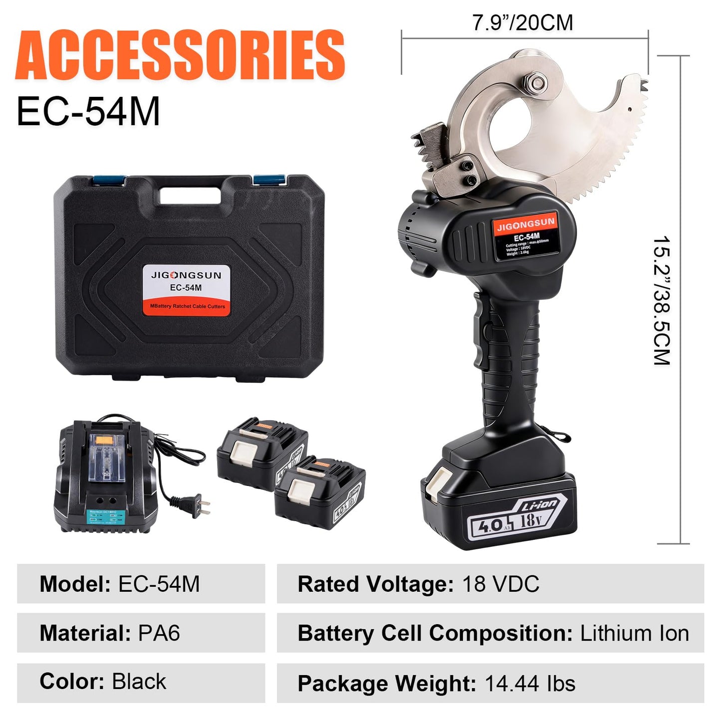 JIGONGSUN 18V Pro Battery Cable Cutter for 1000 MCM Copper / 1250 MCM Aluminum - Heavy Duty Ratcheting Wire Cutters with Alloy Steel Blades, Anti Slip Grip