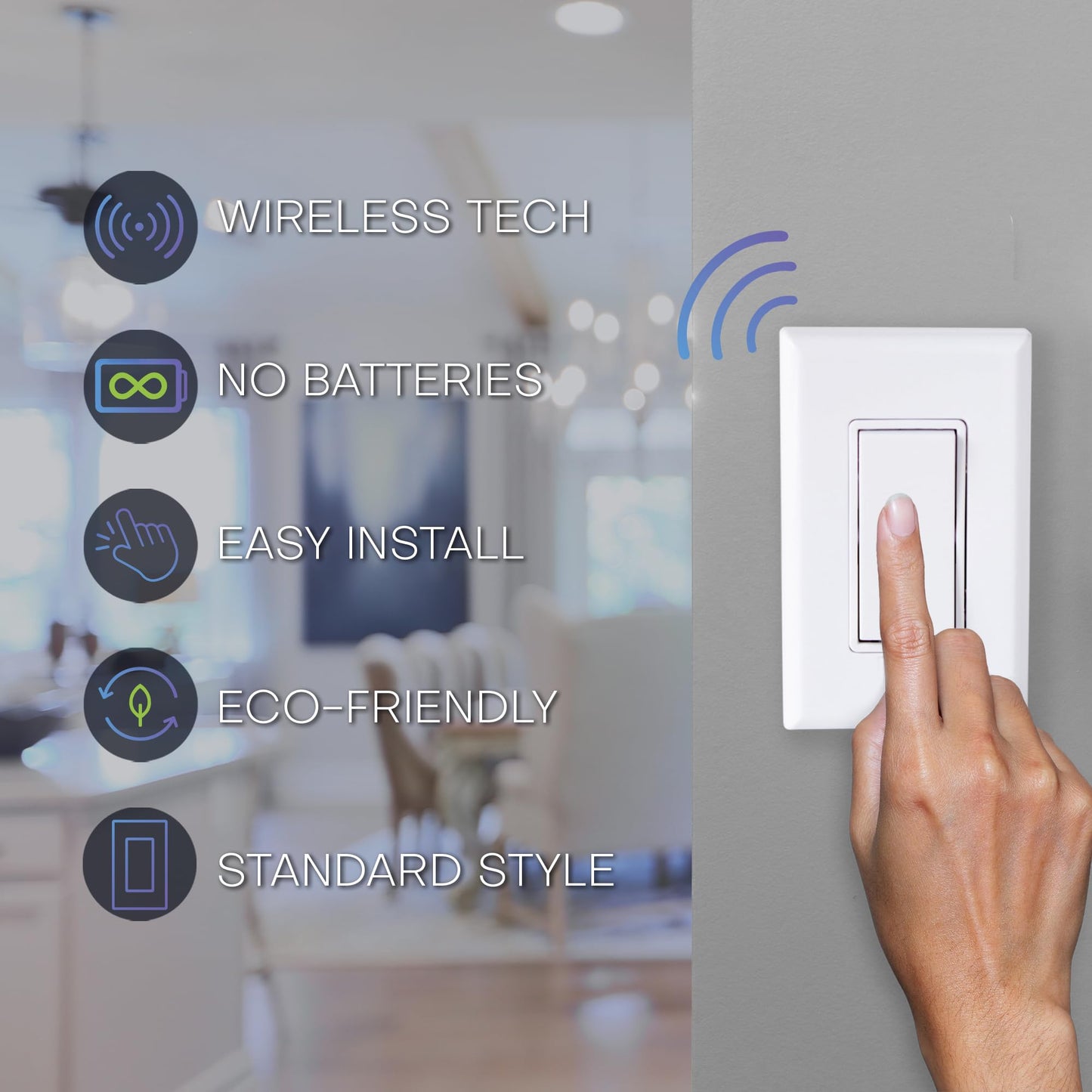 RunLessWire 3-Way Battery-Free DIY Wireless Light Switch Kit 150ft RF Range Self-Powered by Kinetic Energy for Hallways & Stairways: 2 Remote Switches Control 1 5A On/Off Receiver White