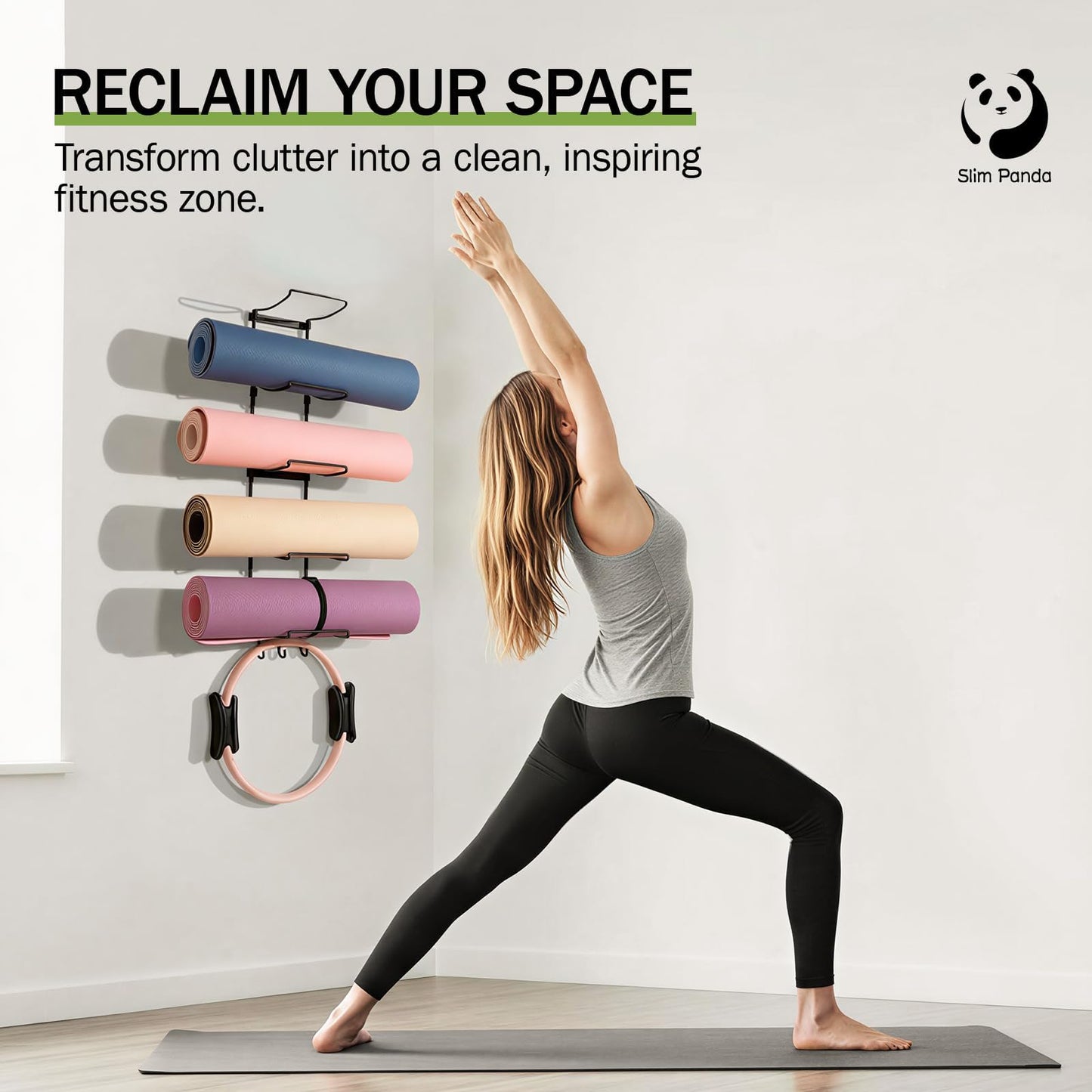Slim Panda Yoga Mat Holder Wall Mount With Mesh Bag,Yoga Accessories Storage Rack,Home Gym Organizer with 5-Tier & 3 Hooks for Hanging Yoga Mats, Foam Roller, Resistance Bands & Yoga Accessories