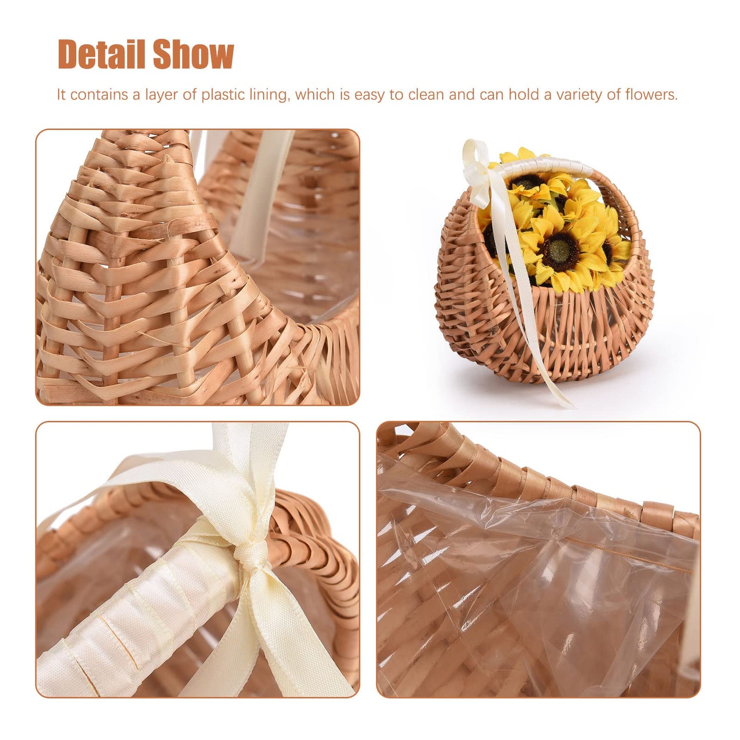 RXMORI 4PCS Flower Girl Basket with Ribbon,Woven Flower Hand Baskets Rattan Baskets Willow Basket with Handles,Willow Handwoven Basket for Wedding Banquet Party Supplies