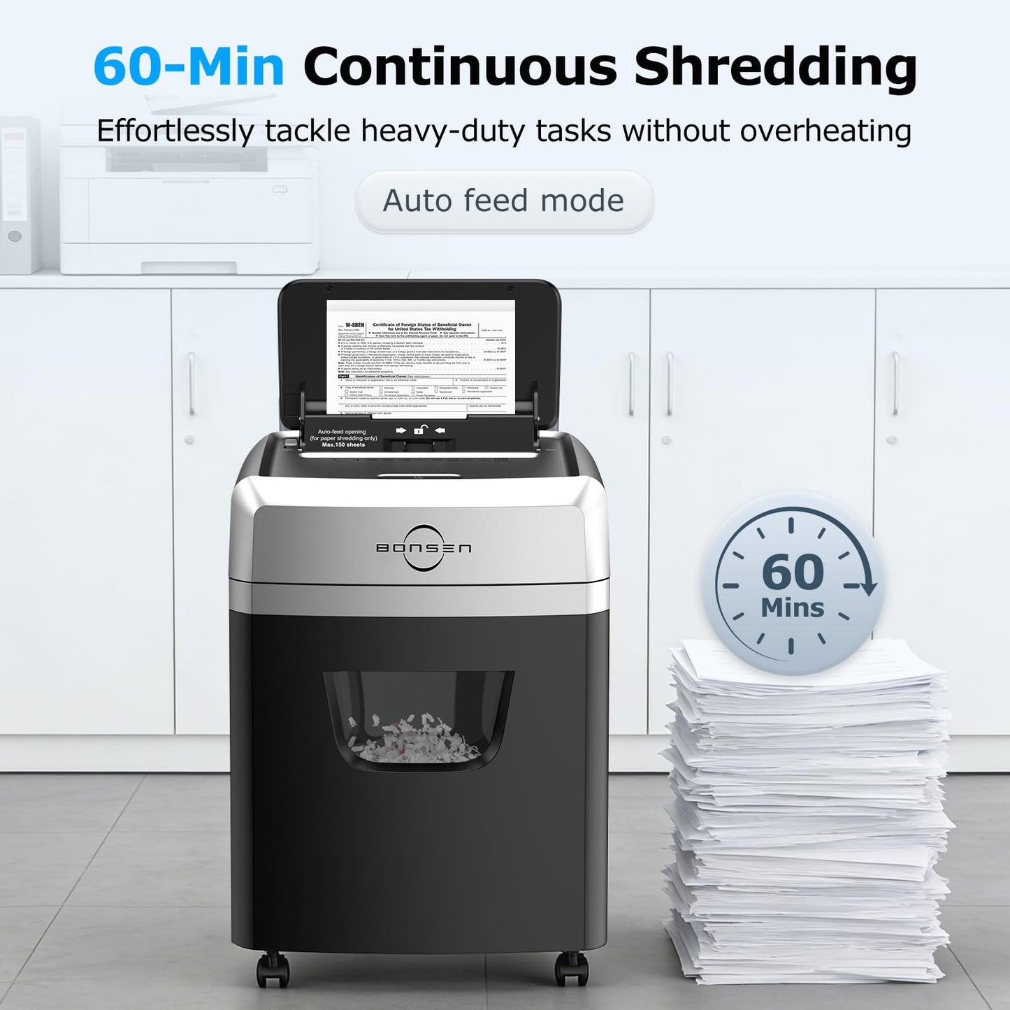 BONSEN 150-Sheet Autofeed Paper Shredder Heavy Duty, 60 Mins Micro-Cut Shredder for Office, 6 Gal Large Capacity Bin P-4 High Security Commercial Document Shredders for Home Office S3114