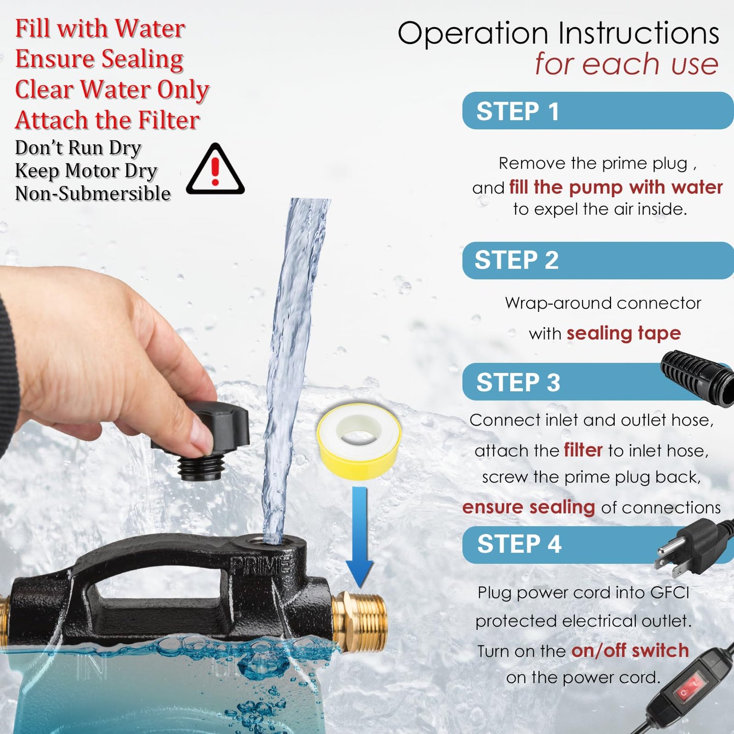 Water Transfer Pump, KITLUCK 120V 1/2 HP 1500GPH Cast Iron Portable Electric Utility Water Pump, Heavy Duty High Pressure Transfer Pump with ON/OFF Switch, Suction Strainer and Brass Connectors