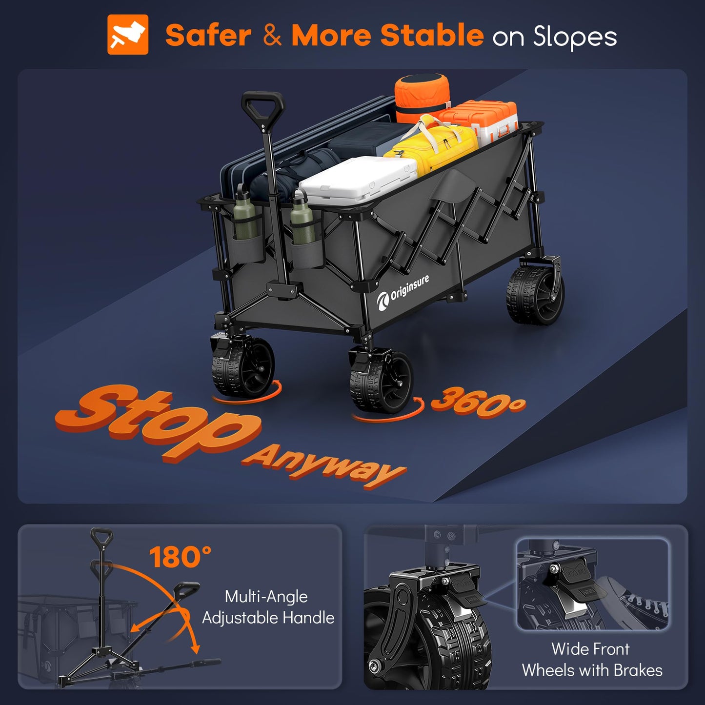 Originsure 220L Collapsible Wagon Cart Foldable, 460lbs Load Capacity Heavy Duty Folding Beach Wagons with Big All-Terrain Wheels, Utility Carts for Groceries, Shopping, Camping, Sports - Grey