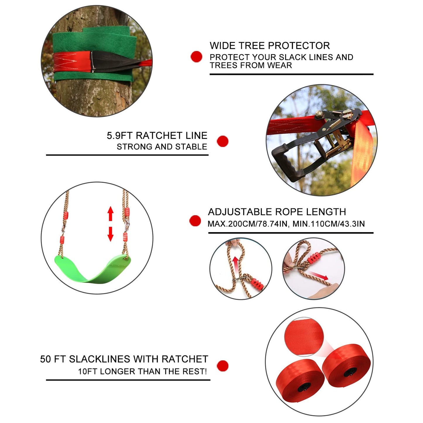 Ninja Warrior Obstacle Course for Kids Backyard - 2×50ft Slackline Kit with 10 Most Complete Accessories for Boys & Girls, Swing, Rope Ladder, Gymnastic Ring, Climbing Net, Arm Trainer and Monkey Fist