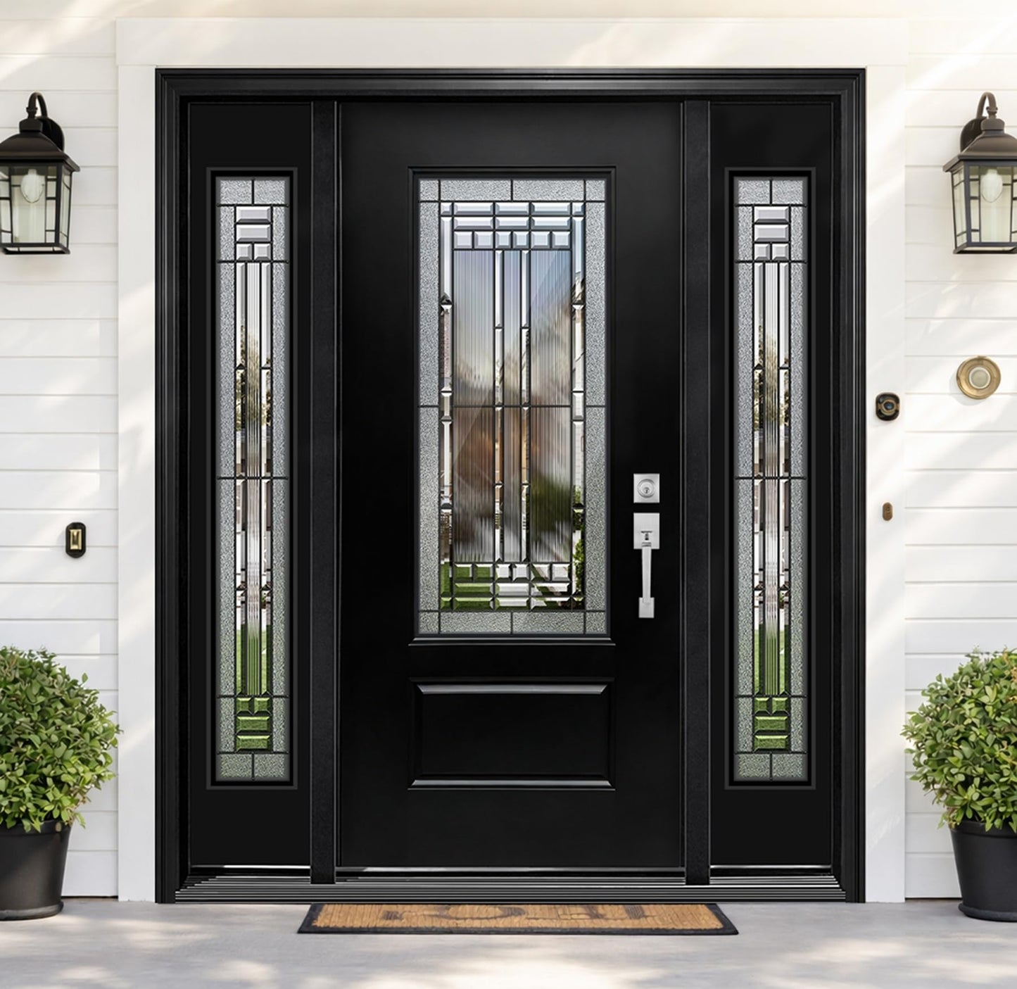 Fiberglass Front Door with Double Sidelights - 68" x 80", Single Exterior Entry Door with Decorative Glass and 14in Sidelights, Left Hand Inswing, Black Knock-Down Door, Brickmould and Jamb Included