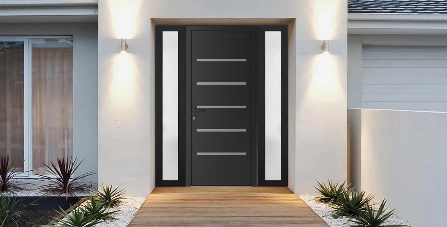 VDOMDOORS Front Exterior Prehung Metal-Plastic Door | Manux 8415 Matte Black | 2 Side Sidelite Transoms | Residential Doors Entrance Patio Garage 60 x 80 (W12+36+12 x H80) Right-Inswing