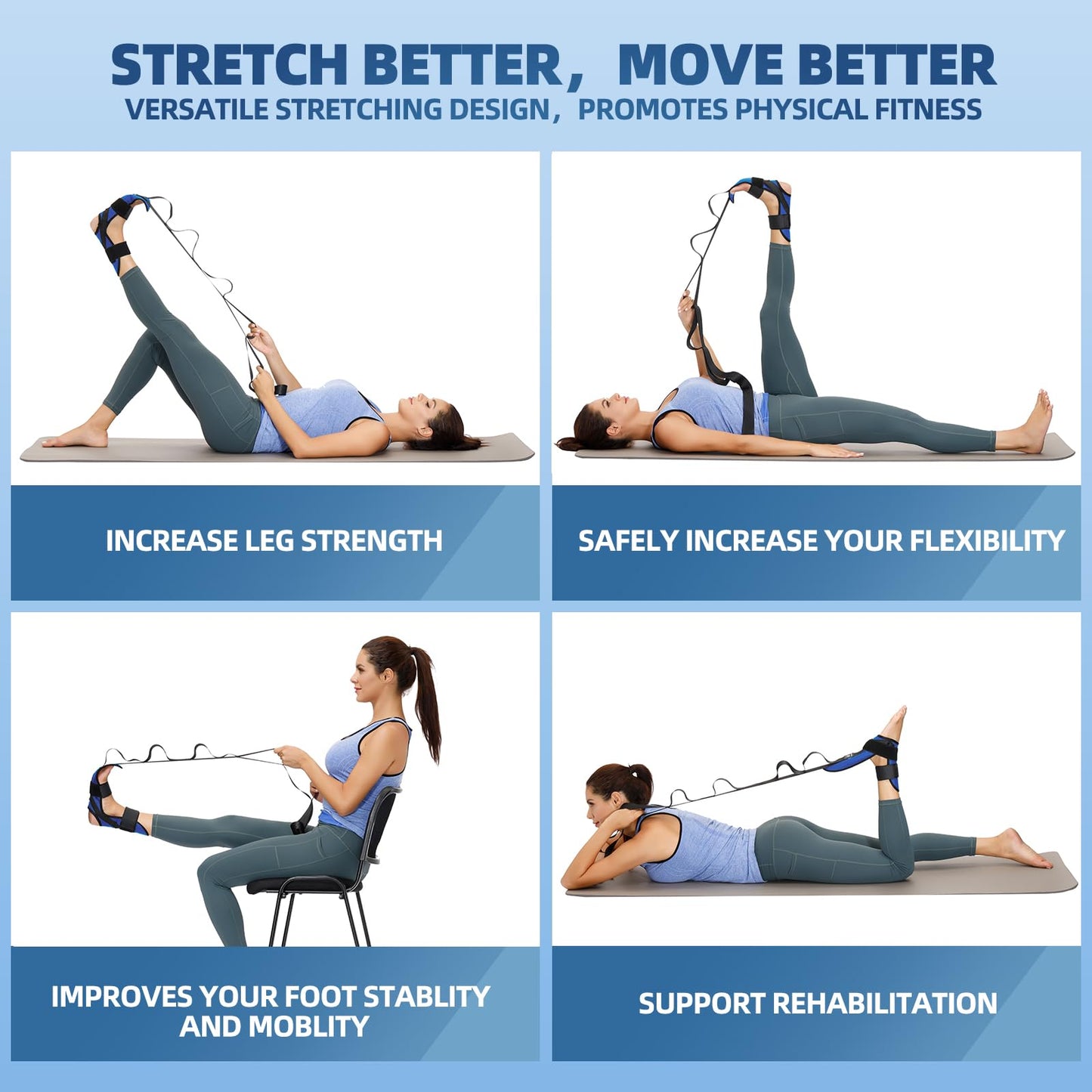 comness Foot and Calf Stretcher Stretching Strap For Plantar Fasciitis, Heel Spurs, Foot Drop, Achilles Tendonitis & Hamstring. Yoga & Leg Stretch Strap. (Blue)