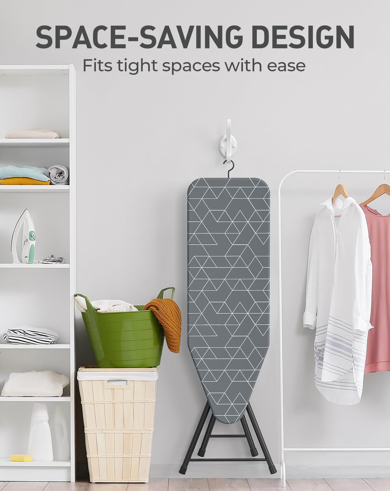 LyriFine Ironing Board, 2-in-1 Ironing and Steaming Board, Sturdy Steel Frame Iron Board with Non-Slip Feet, Heat Resistant Cover Iron Board, Foldable Compact Ironing Board with Hook, 14″ x 43″ Gray
