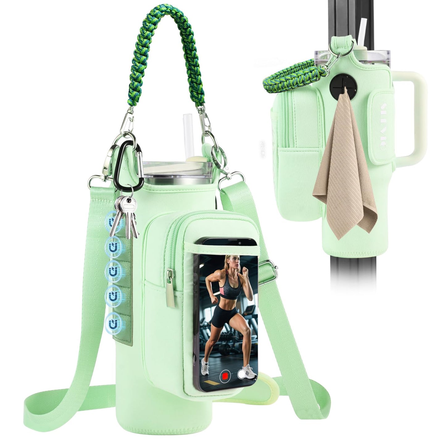 Magnetic Gym Bag for Men Women, Water Bottle Carrier Holder with Strap for Stanley, Small Bag Accessories pouch with N52 (Green)