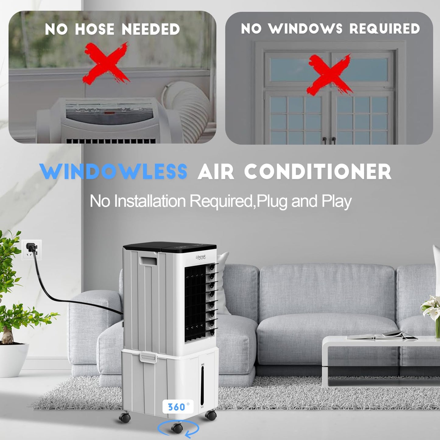 Lifecreek Portable Air Conditioner, 3-in-1 Evaporative Air Cooler with 3.2 Gal Water Tank, Windowless Portable AC Fan with 6 Ice Packs, Remote, 12H Timer, 3 Speeds, 4 Modes for Room Bedroom Office