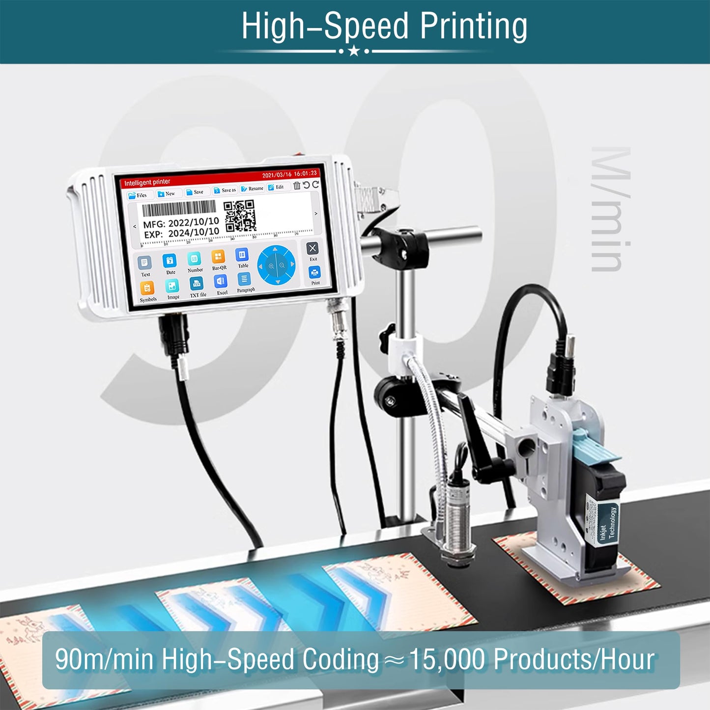 Phezer 0.5inch/12.7mm Automatic Online Inkjet Coding Machine for Production Line, 23 Languages, Intelligent Variable Data/Date/Logo/Barcode/Image Thermal Inkjet Printer, (2 Nozzles, 70M/min, PW2)