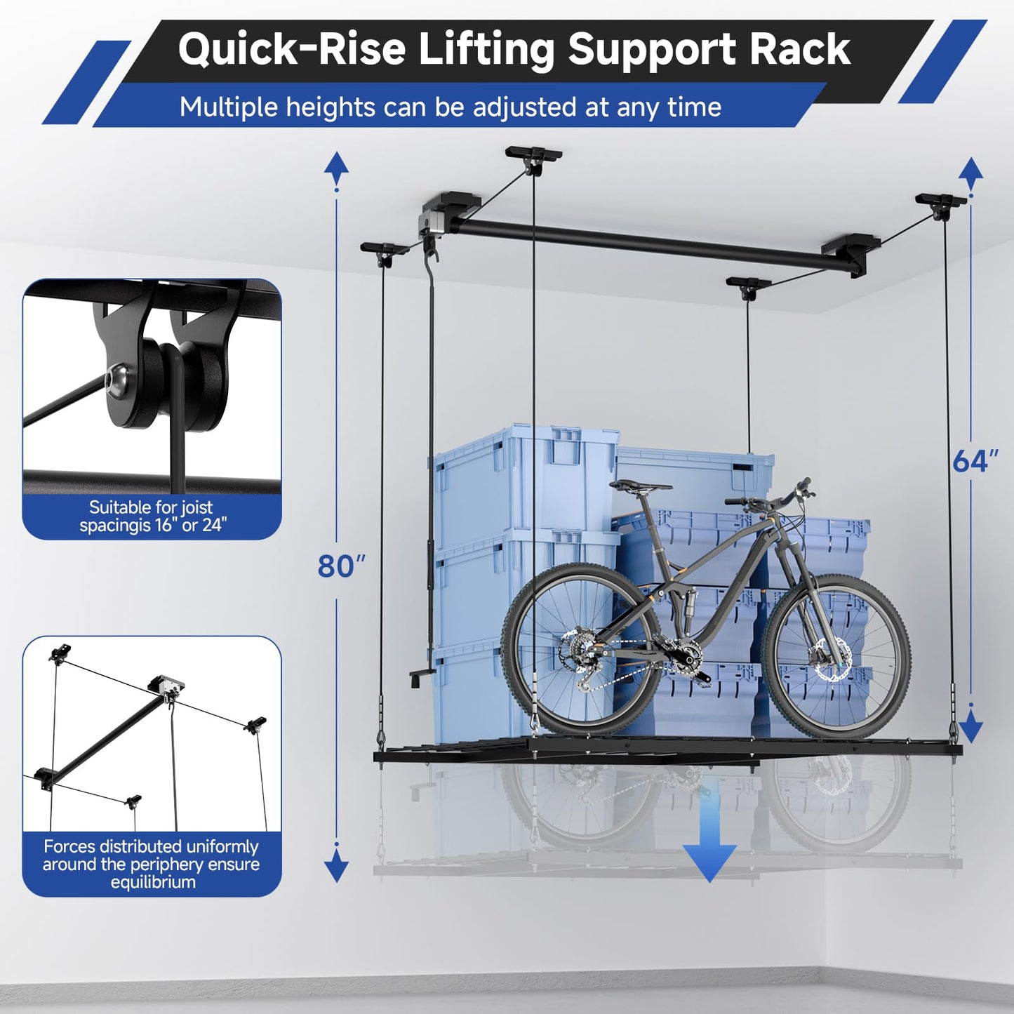 GADFISH Garage Ceiling Lift Storage Rack, Easy Lifting 85" Height 4x4 Ft Overhead Garage Storage Rack for Space Saving with Safety Lock, Suitable for 16"/24" Ceiling, 350LBS Capacity