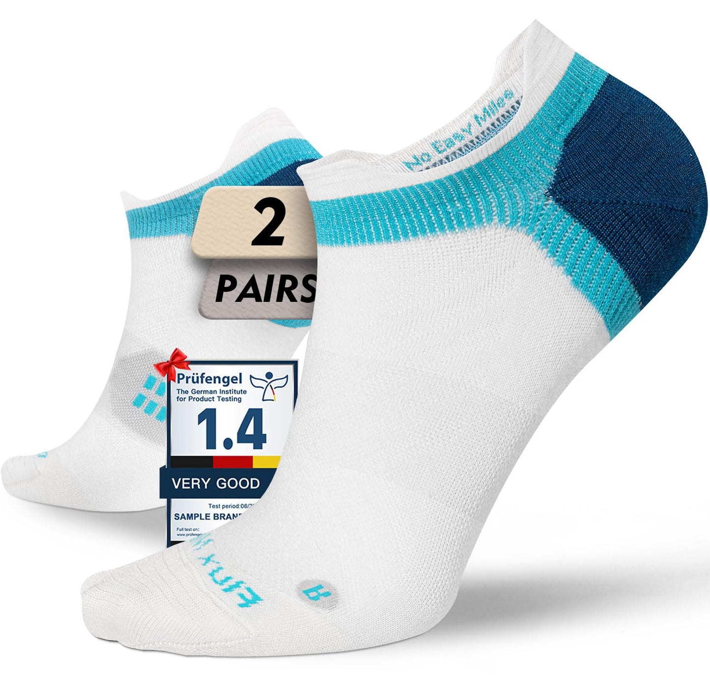 Juclise Thin Merino Wool Compression Running Socks No Show Athletic Cooling Moisture Wicking Anti Blister Cushioned(White | Aqua, L)