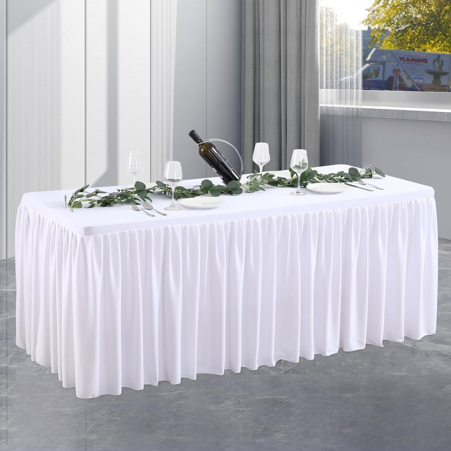 Party Talk White Polyester Table Clothes for 4 Foot Rectangle Tables, Wrinkle Free Fitted Table Cover 4ft Stretch Tablecloths with Skirt for Parties Weddings Birthday Banquet Baby Shower