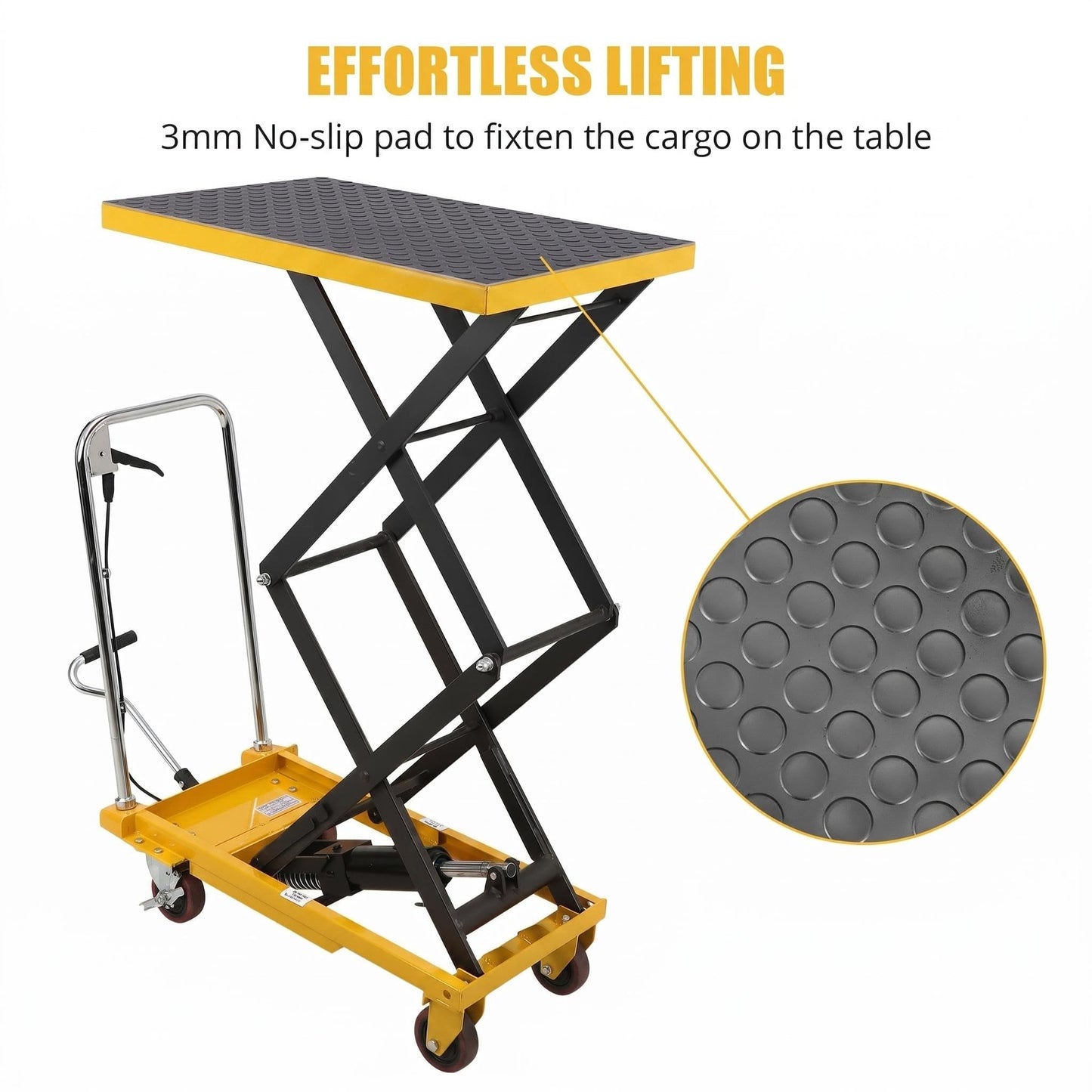 Heavy Duty Hydraulic Lift Cart, 330 LBS Capacity, 50" Lifting Height, Double Scissor Structure, Non-Slip Platform and Swivel Casters, Rolling Lift Table for Workshop Warehouse Industrial Use, Yellow