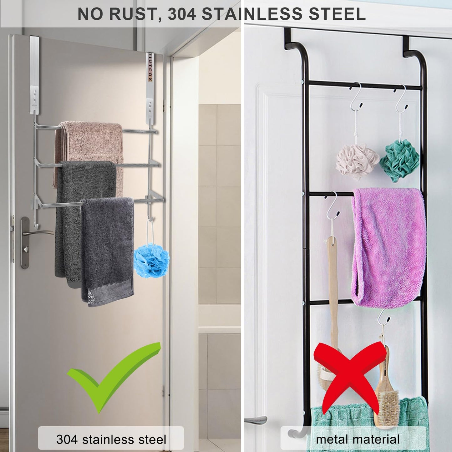 TIUTCOX Over The Door Towel Rack, 304 Stainless Steel Towel Racks for Bathroom with 3-Tier Adjustable Pole, 2 Punch-Free Screw Stickers, 22.83 * 17.71-29.52 * 6.14 Inch, Silver