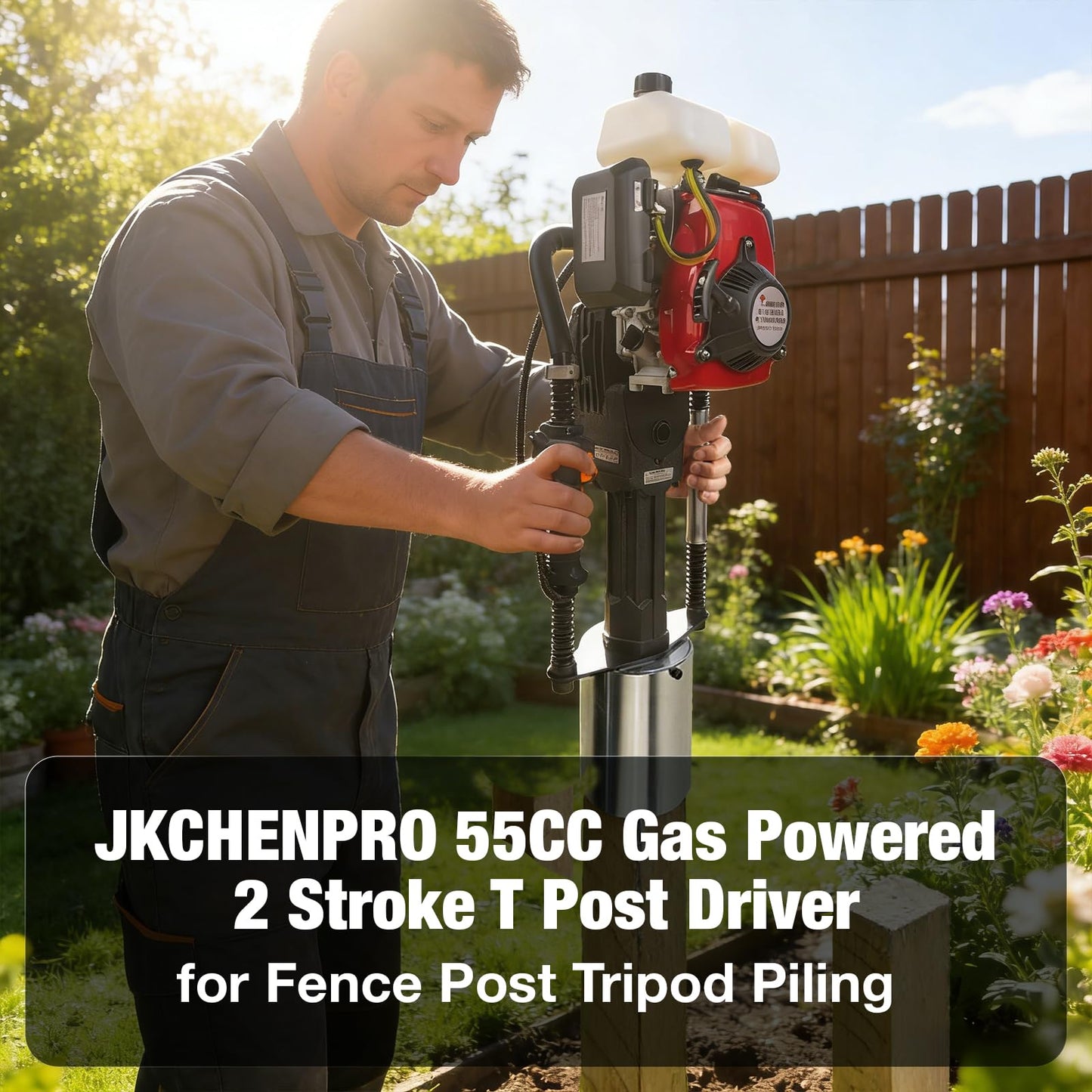 JKCHENPRO 55cc 4-Stroke Gas Powered T Post Driver - Heavy Duty Hammer Drill Pile Driver for Fencing with 150mm Driving Head for Farm, Ranch & Landscaping