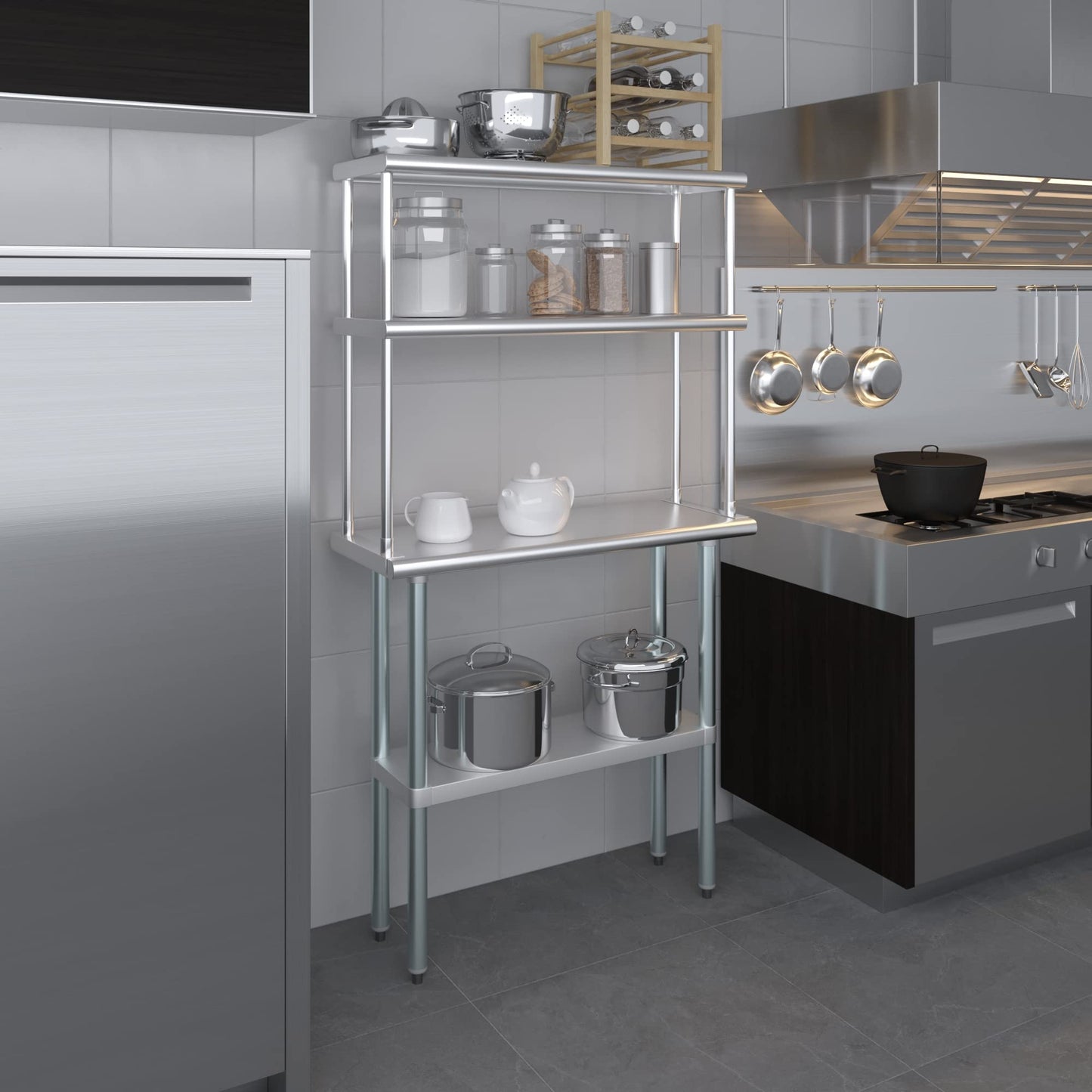 Amgood Stainless Steel Work Table Double Tier Overshelf | Metal Kitchen Prep Table & Shelving Combo | NSF (24" x 48" Work Table + 18" Overshelf)