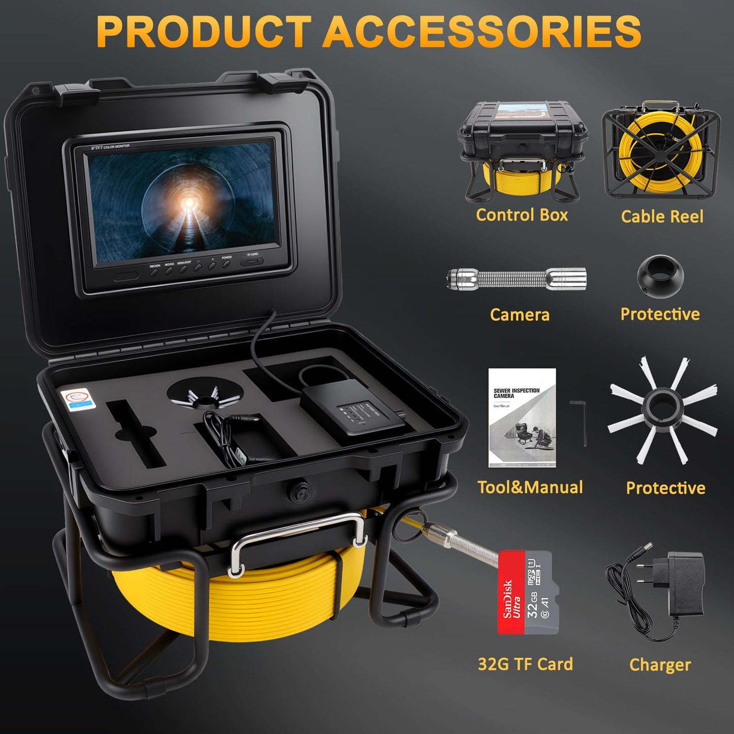 Sewer Inspection Camera, Pipe Drain Camera w/Distance Counter, Plumbing Snake Camera with light, 9'' HD IPS Screen,16X Digital Zoom,32GB Card,165FT/50M,IP68 Waterproof Borescope for Industrial Plumber
