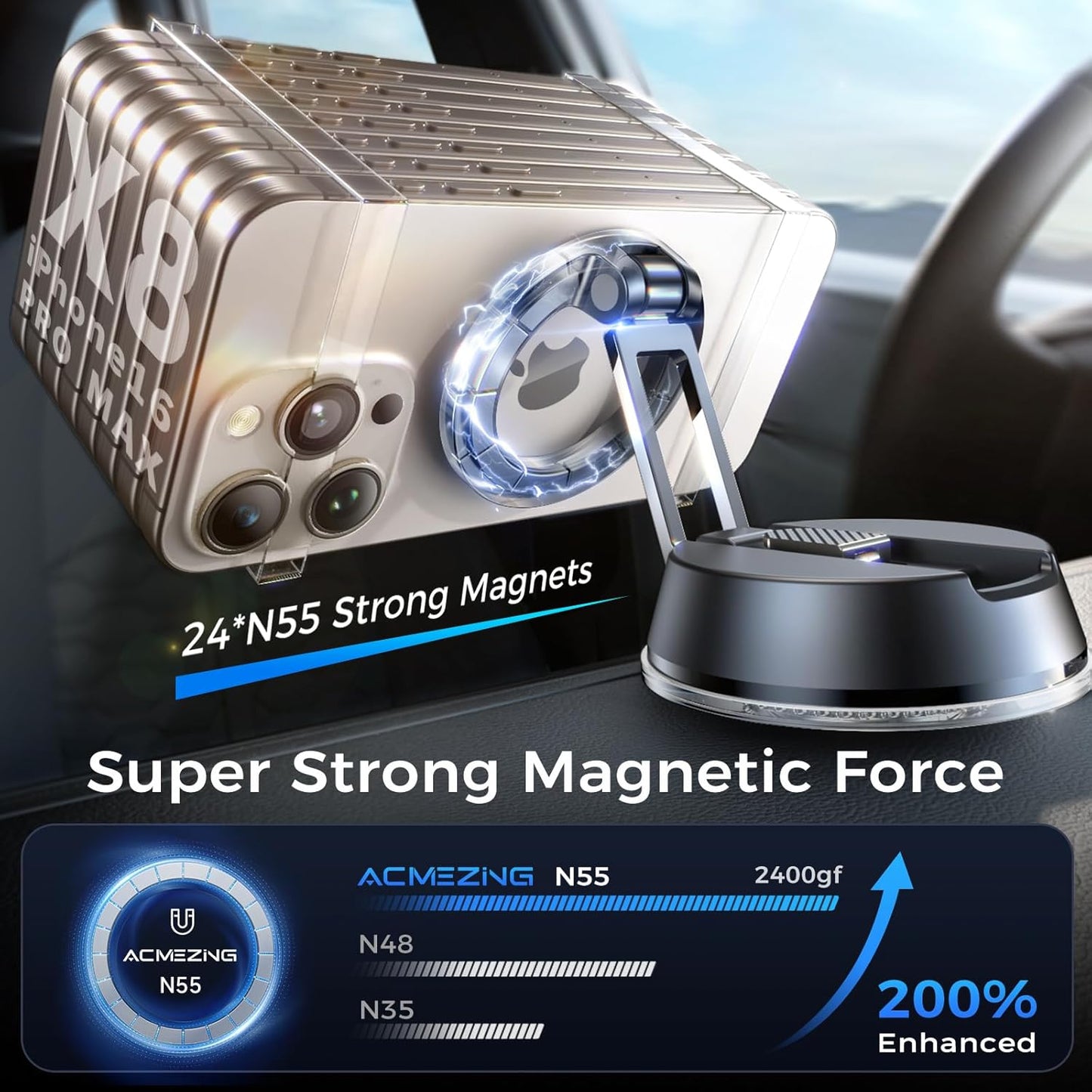 ACMEZING [78+LBS 2400gf 360 17-12 NeverFall Car Phone Holder for MagSafe Ultra Grip | Magnetic Power] Foldable Car