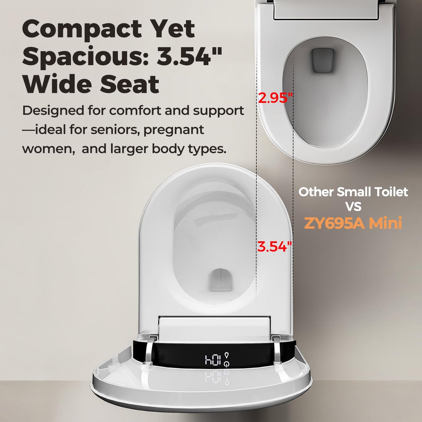 Bazyths Smart Compact Toilet for Small Bathroom, 23" Depth Shallow Toilet with Foam Shield Auto Open/Close Lid, 12" Rough In, Built-in Tank, Heated Seat Foot Sensor Flush One-Piece (ZY695A Mini)