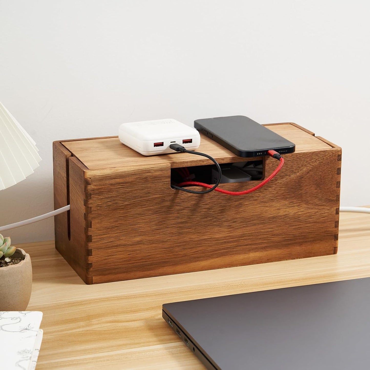 LiTY Acacia Wood Cable Management Box, Wooden Cord Hider & Organizer for Power Strip, Electrical Hiding, TV Wires, Desk