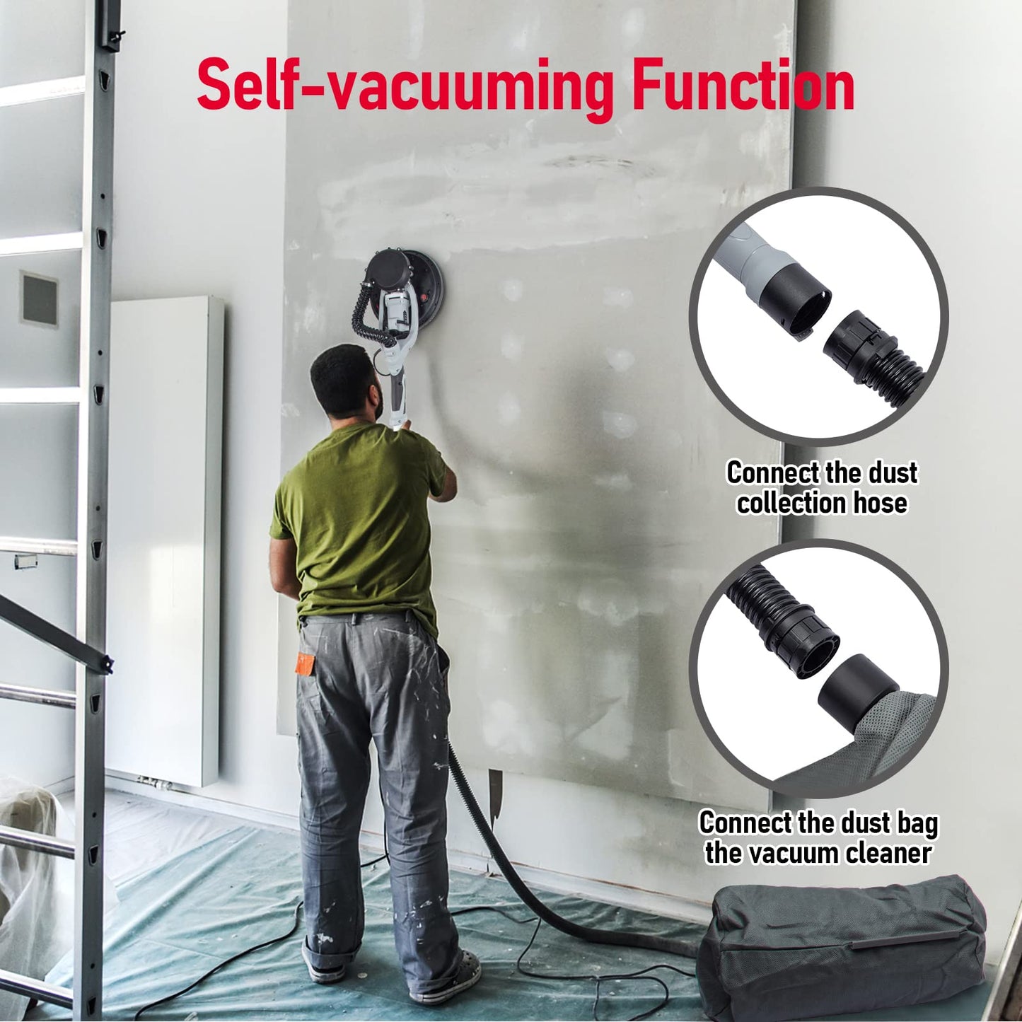 Garvee Drywall Sander, 800W Electric Sander with 12 Sanding Discs, Variable Speed 800-1800 RPM Wall Sander with Automatic Dust Removal System, LED Lights, Extendable Handle, Dust Bag & Carrying Bag