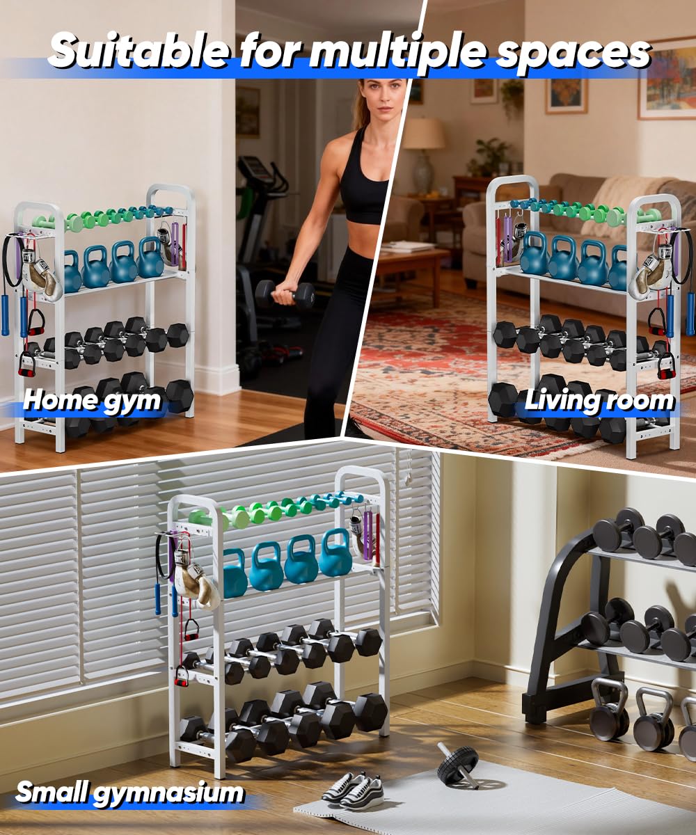 Ansionsol 4-Tier Adjustable Dumbbell Rack, Weight Storage Stand Holder for Dumbbells & Kettlebells, Heavy-Duty Home Gym Organizer with 6 Hook for Home Gym Equipment Accessories, White(Rack Only)