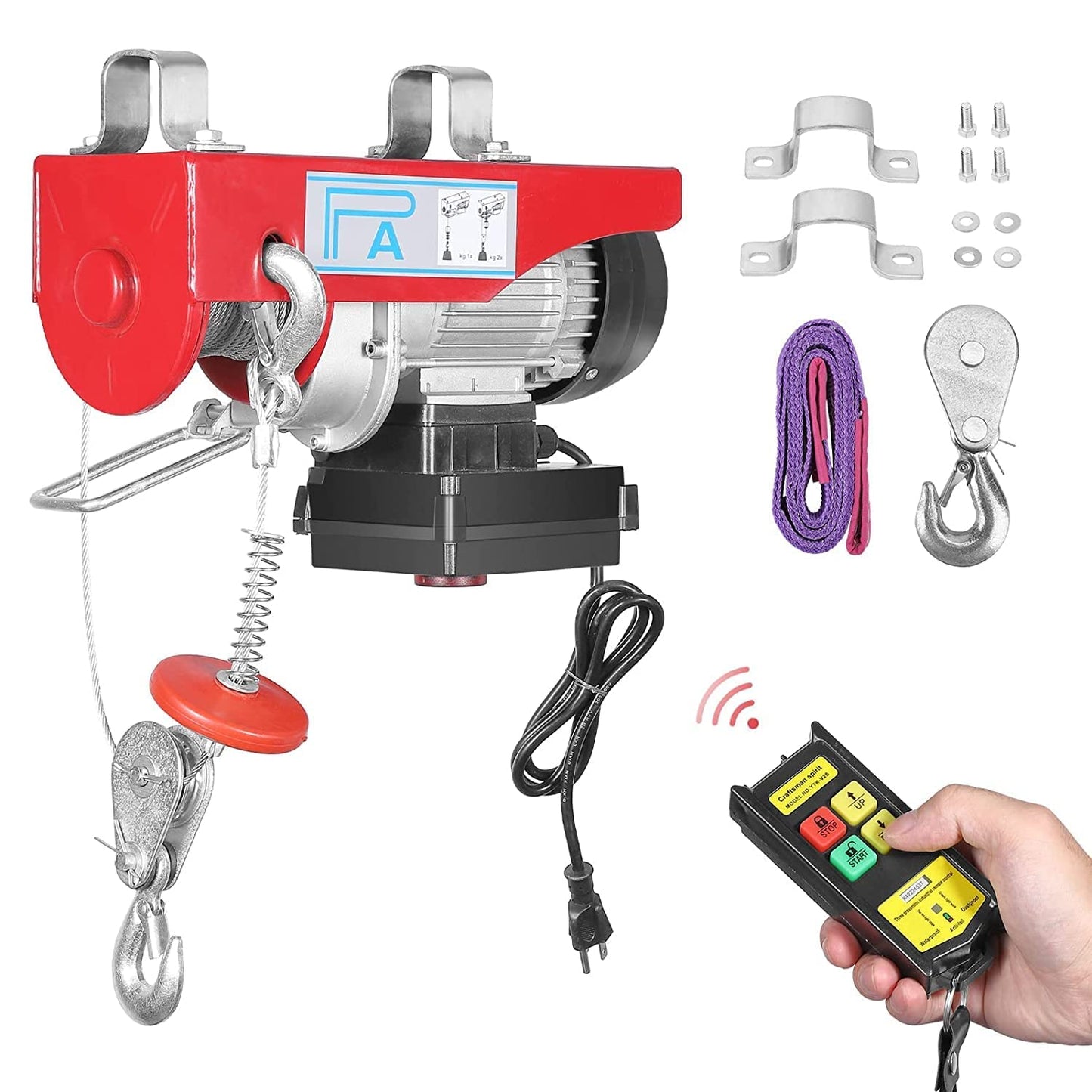 Electric Hoist 880LBS, Auto Lifting Electric Hoist, Wireless Remote Control Electric Cable Hoist with 12m Rope, 110V Electric Winch Crane Electric Hoist for Garage Ceiling Factory Warehouse