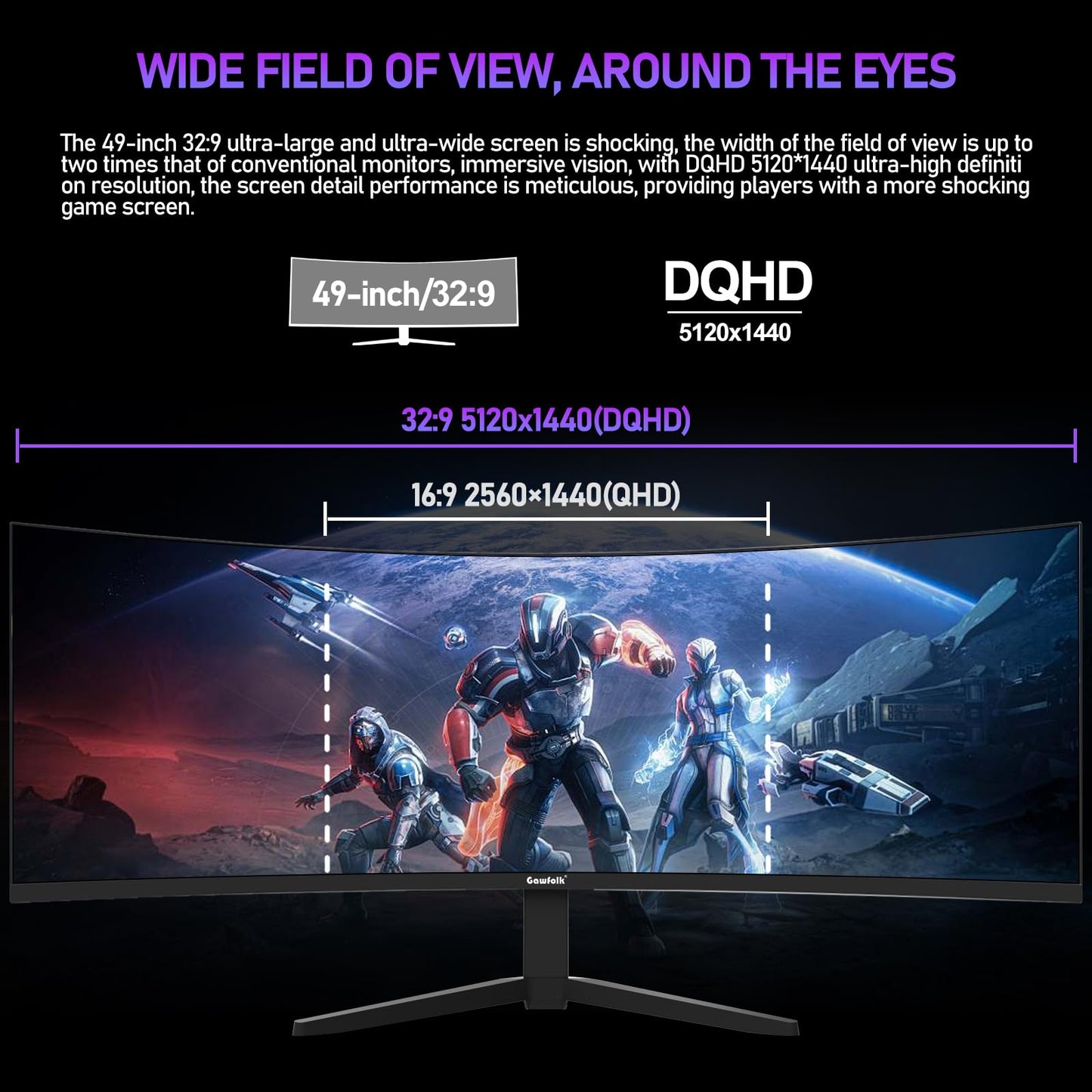 Gawfolk 49 inch Ultra-Wide Curved 1500R Gaming Computer Monitor, DQHD(5120×1440), 165Hz, 1MS, FreeSync, 120% sRGB, Built-in speaker PC Screen, HDMI2.1 & DP1.4, Compatible Wall Mount 100*100mm- Black