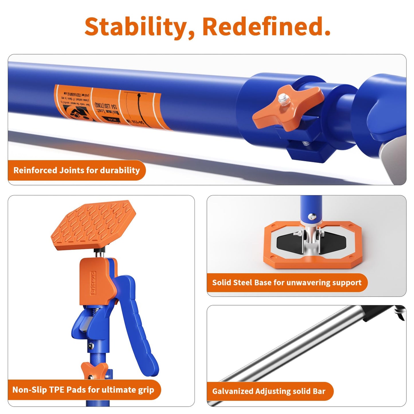 Britevo 4PK Adjustable Telescopic Support Pole, 54-115 inch Cabinet Jack, Heavy Duty 3rd Hand Support System, 154lbs Load-Bearing for Drywall Lift, Dust Barrier, Cargo Bar