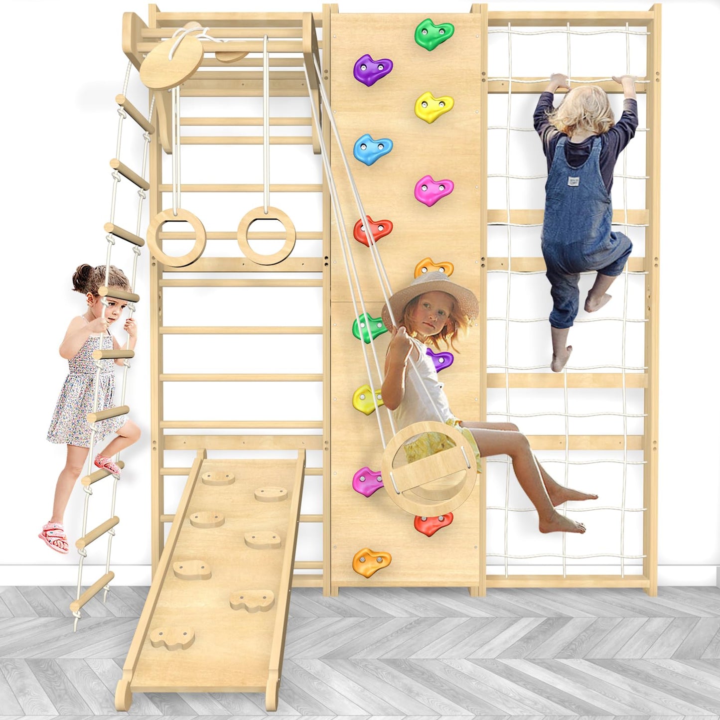 Upgraded Extra-Large Size 94.5inch Height 10-in-1 Swedish Ladder Gym Set, Home Playground with Swing, Rope Ladder, Pull-Up Bar, Slide and Rock Climbing Wall for Kids and Adults