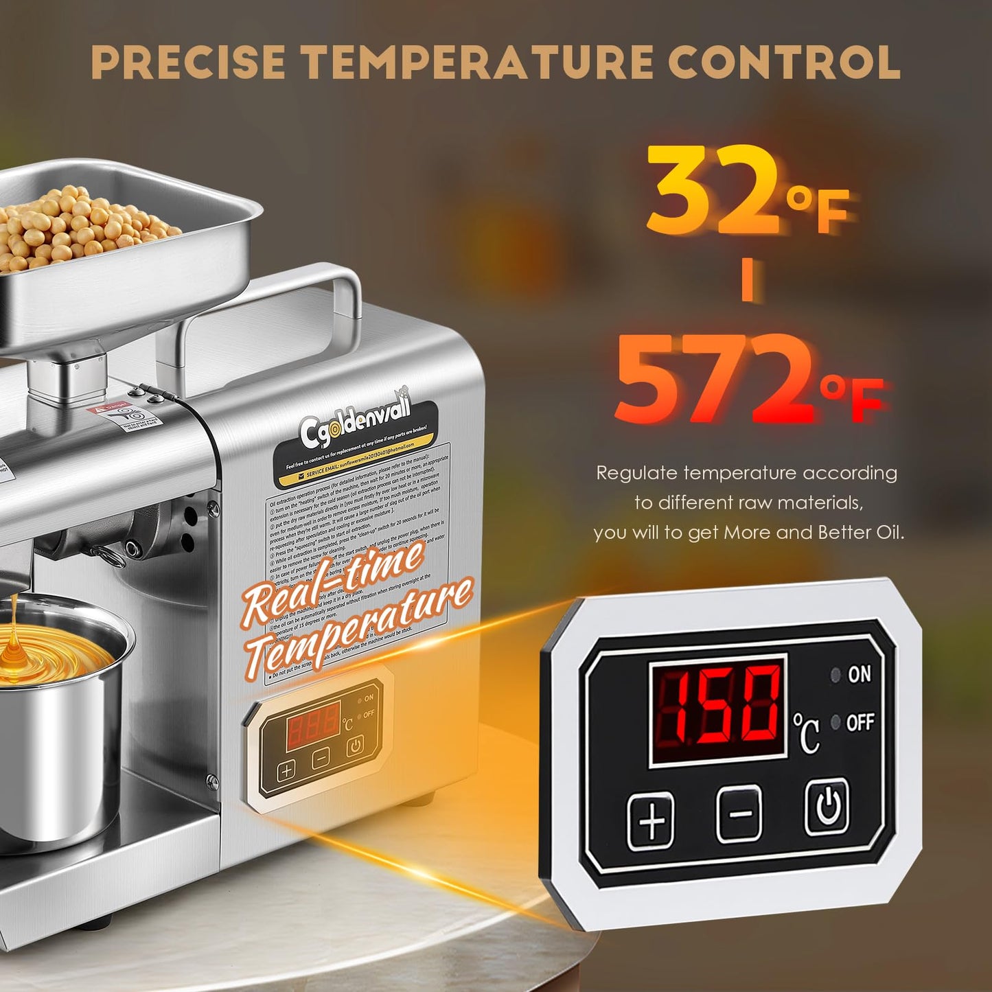 CGOLDENWALL Oil Press Machine,Automatic Oil Making,1000W Oil Extractor for Cold & Hot Pressing,Oil Maker with Intelligent Temperature Controller(32-572°F),Seeds Nuts Oil Expeller,CE(110V, US Plug)