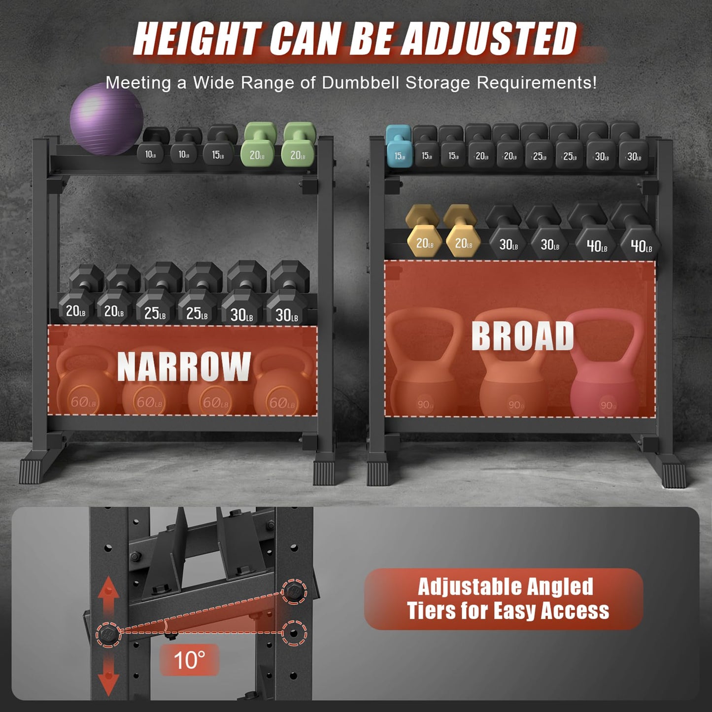 3-Tier Dumbbell Rack, 1100LB Capacity Adjustable Weight Rack for Home Gym, Heavy-Duty Weight Stand for Dumbbells Kettlebells & Weight Plates(Rack Only)