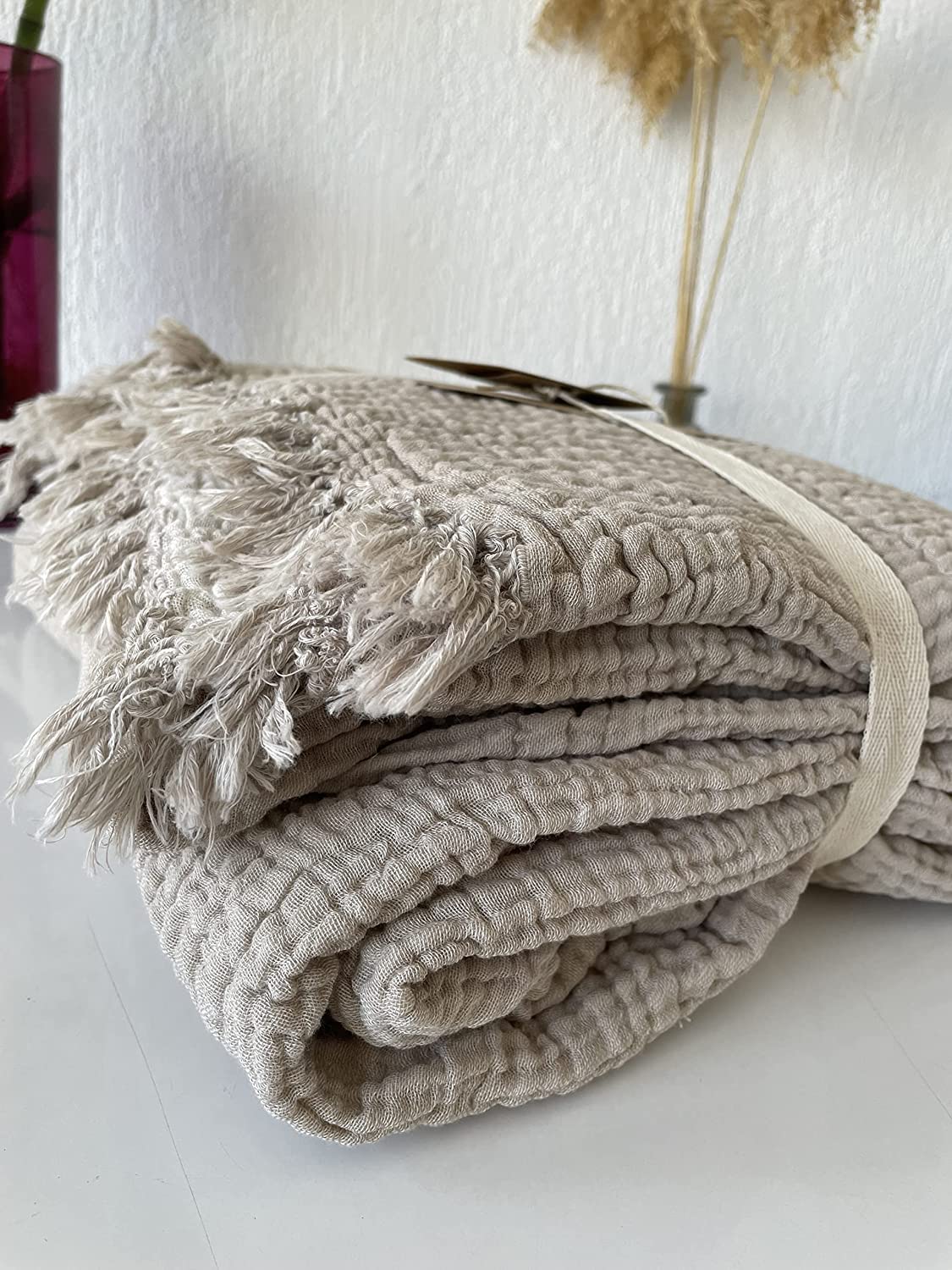 DEKADRON 100% Cotton Muslin Throw Blanket, 4 Layers Bedspread, Soft Turkish Cotton Muslin Bed Cover, Reversible Coverlet, Mink (Full/Queen Size 91x95-230x240cm)