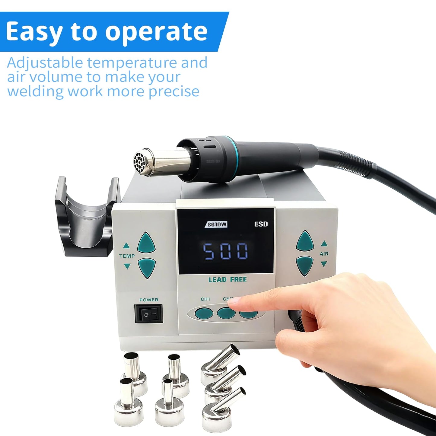 861DW Hot Air Rework Station,1000W Hot Air Station, 110V Desoldering Gun Hot Air Soldering Station Can Be Used for BGA Chip Soldering, Digital Maintenance (With 7 Nozzles)