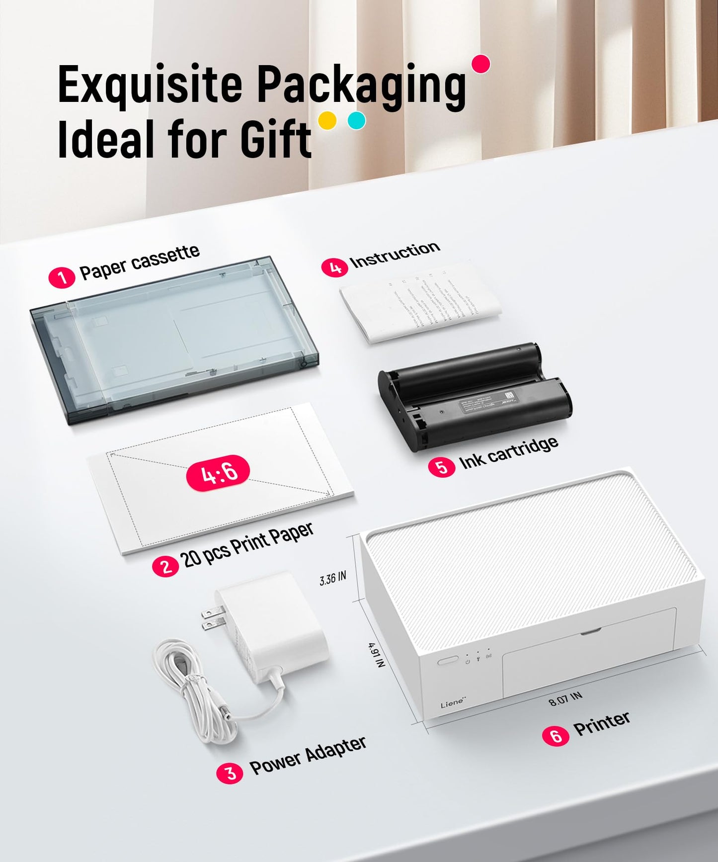 Liene M100 4x6'' Photo Printer, Wi-Fi Picture Printer, 20 Sheets, Full-Color Photo, Instant Phone Printer for iPhone, Android, Smartphone, Thermal Dye Sublimation, Portable Photo Printer for Home Use