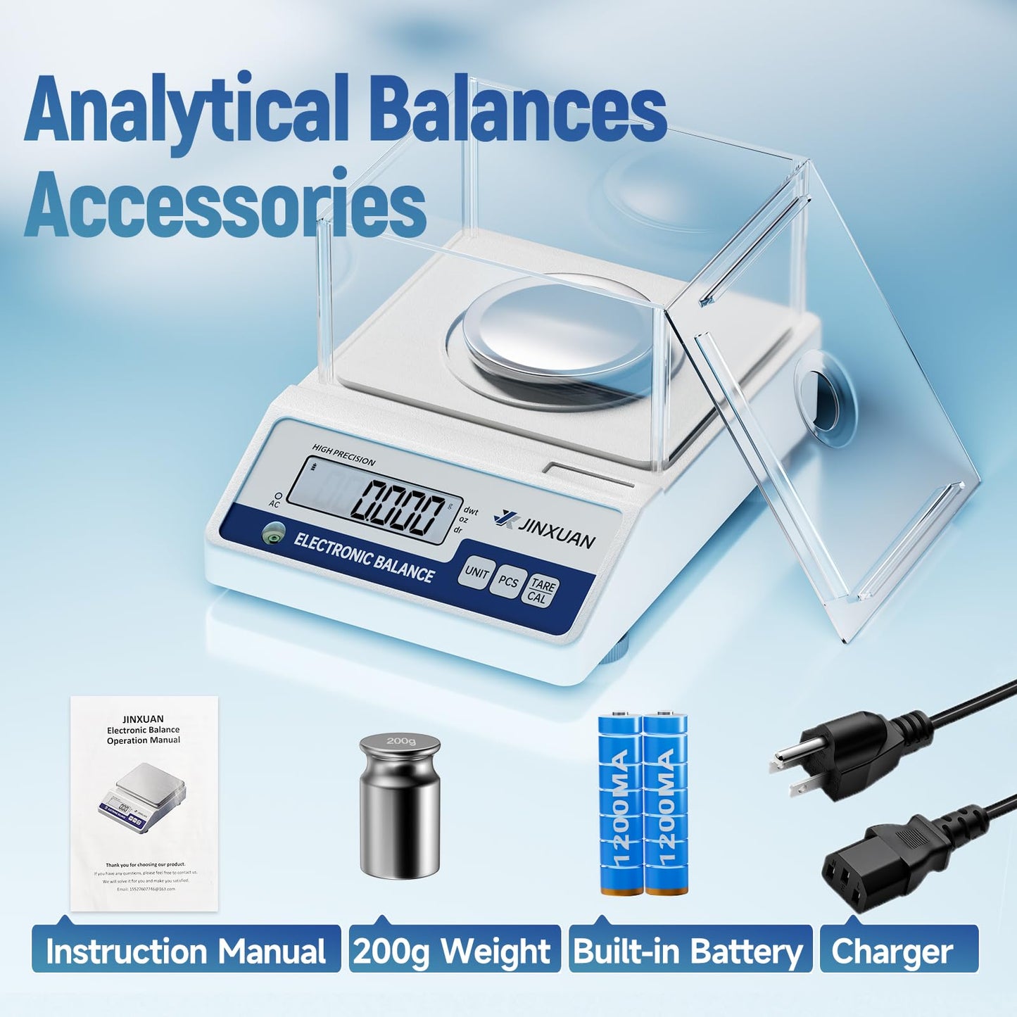 JINXUAN Lab Scale 0.001g Accuracy 500g Digital Milligram Scale Analytical Balance Scale with Windshield LCD Display 7 Units 200g Calibration Weight, Precision Scale for Jewelry Gold Powder Chemistry