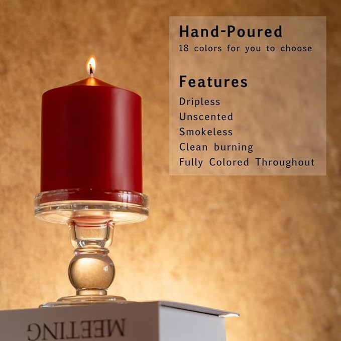 MOZEAL 3" x 8" Hand-Poured Unscented Candles,Large Red Pillar Candles Set of 2,No Drip,Approx 120 Hours Long Burning,Wedding,Dinner,Christmas and Home Decor（3 Inch Diameter 8 Inch Height）